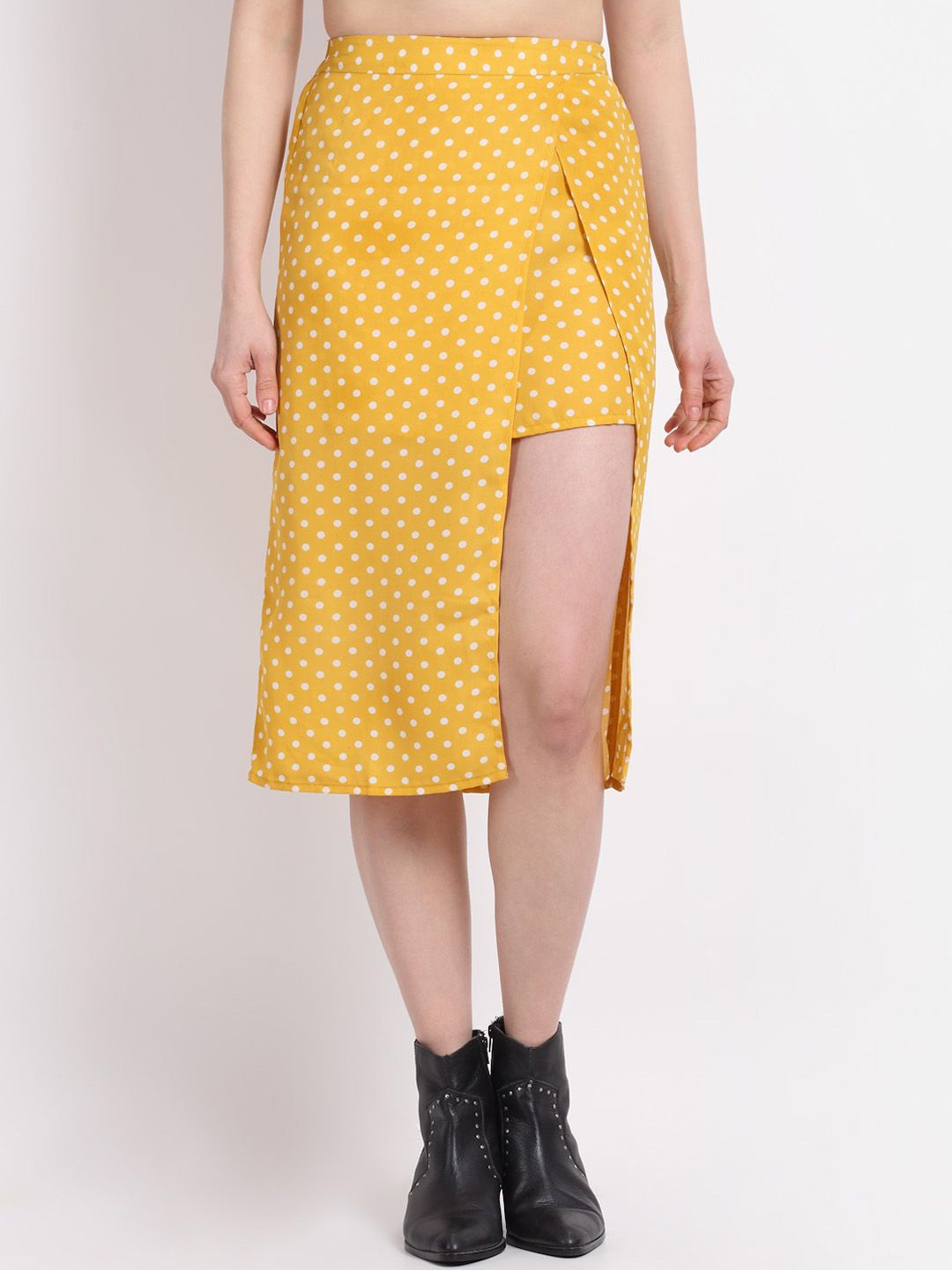 La Zoire Women Mustard Yellow & White Polka Dots Printed Midi Flared Skirt