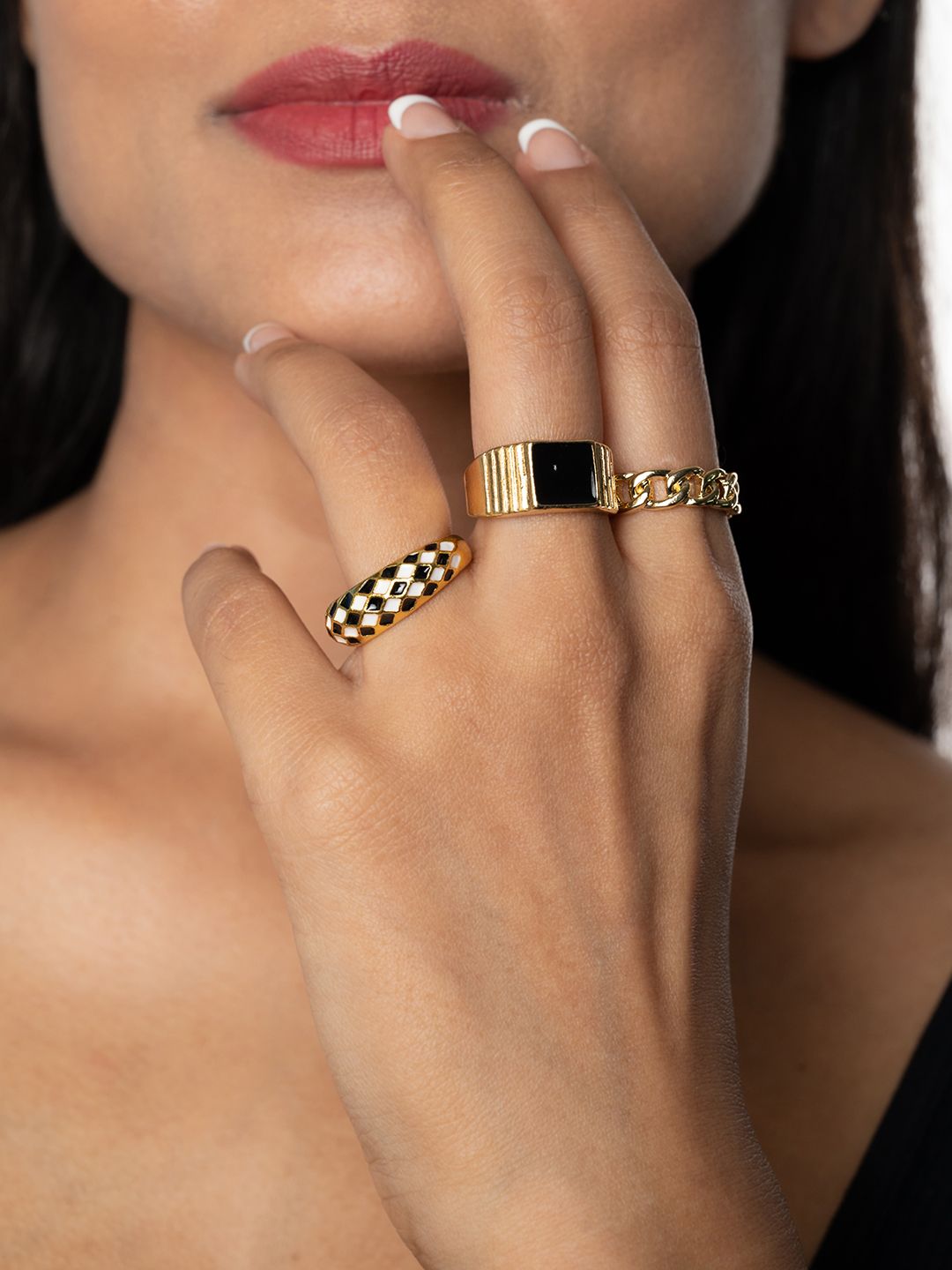 WHITE LIES Set of 3 Gold & Black Finger Ring Price in India