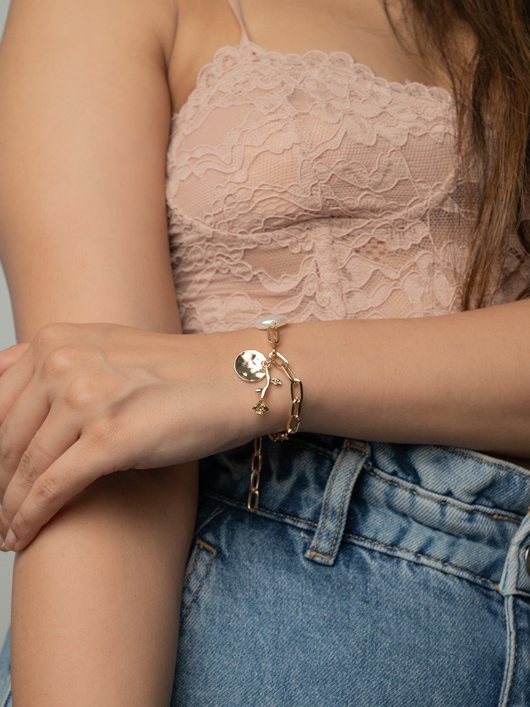WHITE LIES Women Gold-Toned & White Link Bracelet Price in India