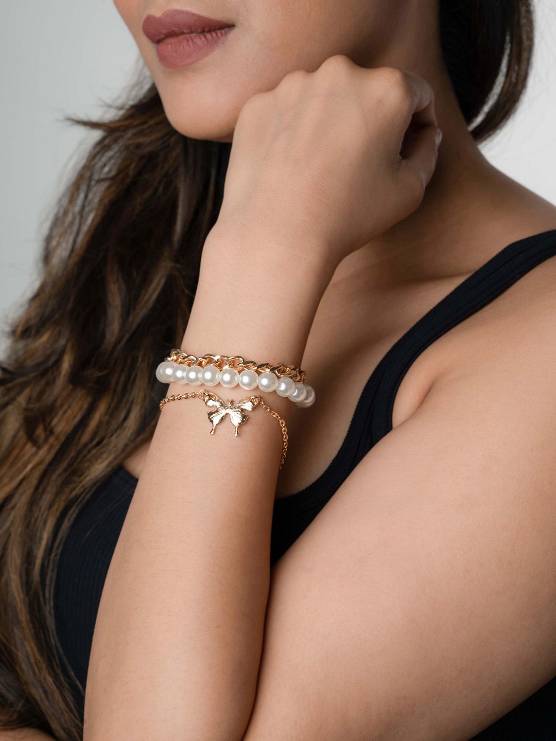 WHITE LIES Women 3 Gold-Toned & White Kada Bracelet Price in India