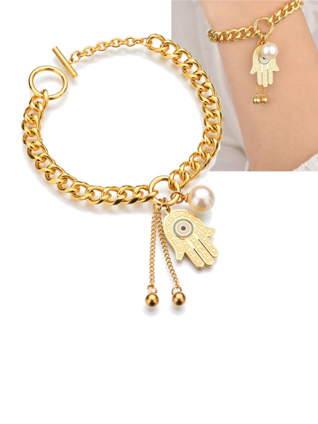 WHITE LIES Women Gold-Plated & White Pearls Link Bracelet Price in India