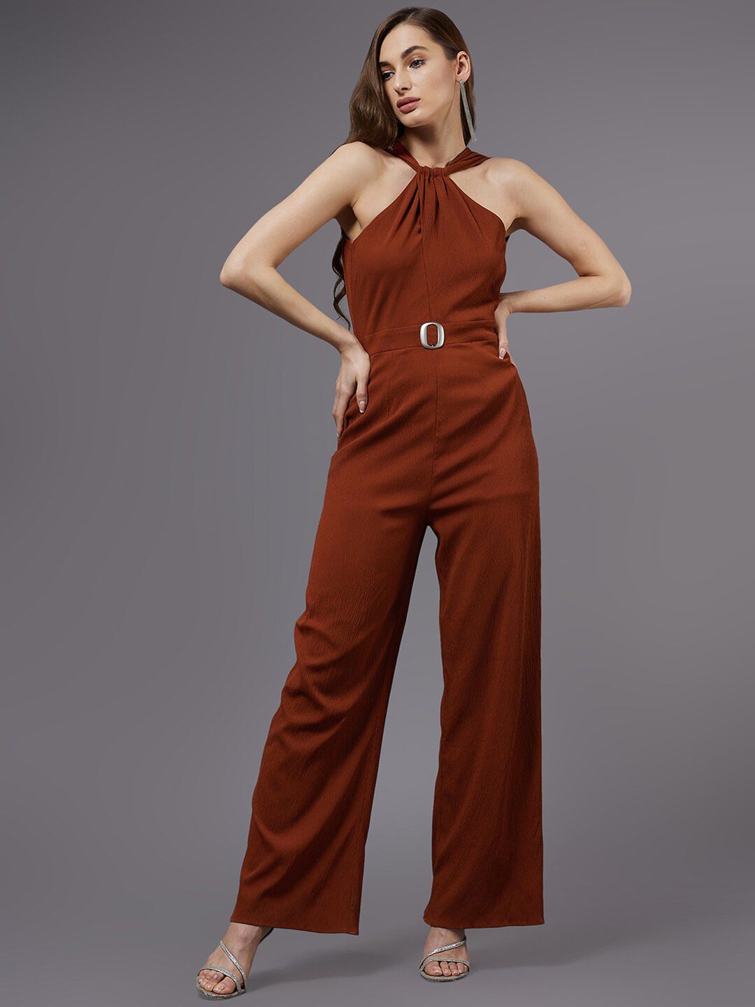 Miss Chase Brown Halter Neck Basic Jumpsuit Price in India
