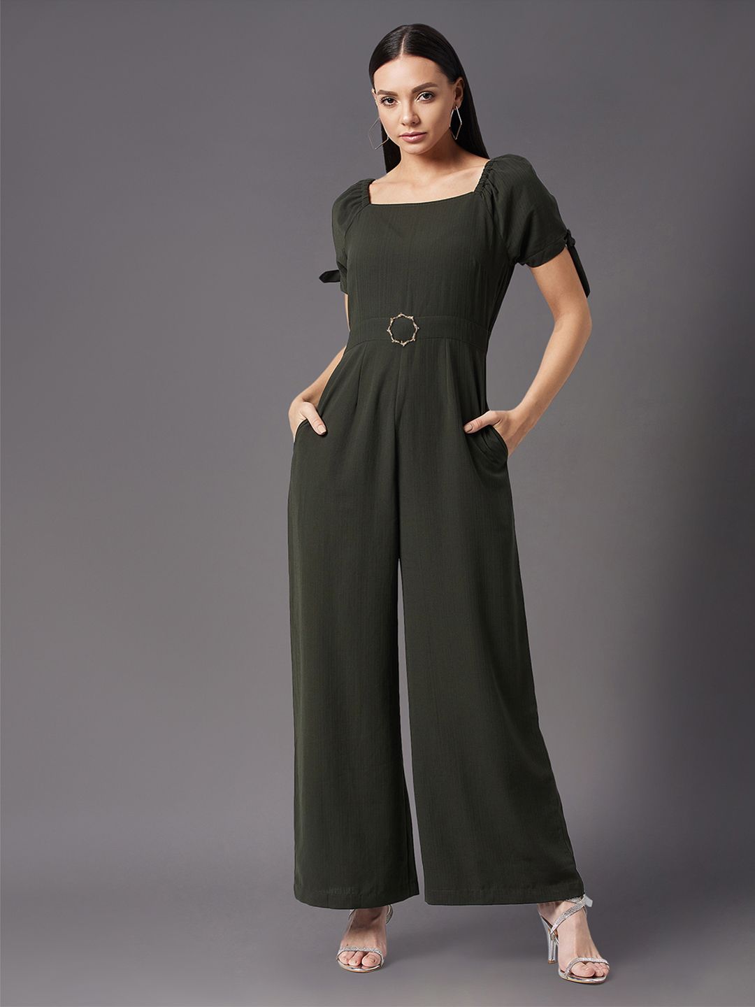 Miss Chase Green Solid Basic Jumpsuit Price in India