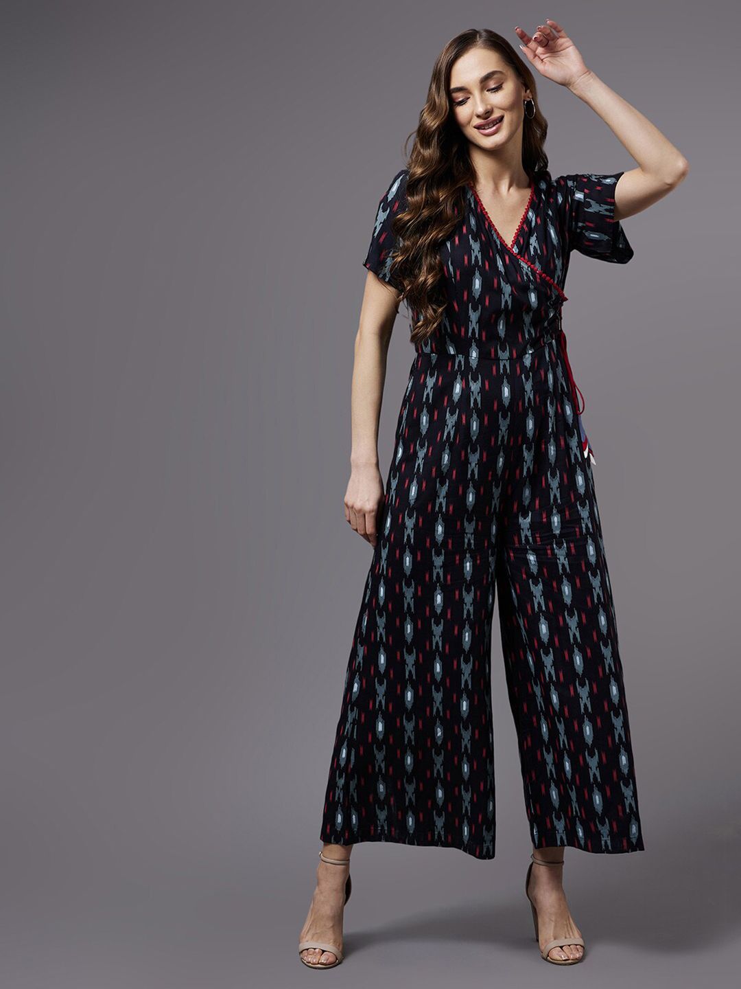 Miss Chase Black & Blue Printed Wrap Style Jumpsuit Price in India
