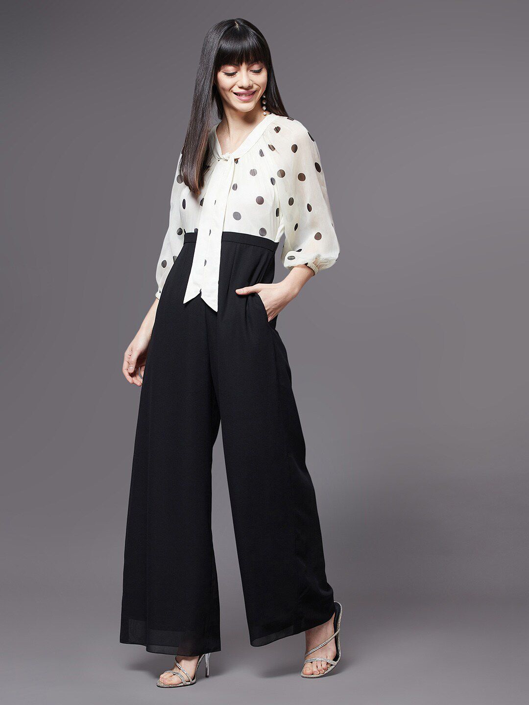 Miss Chase Women Black & Off White Polka Dots Printed Jumpsuit Price in India