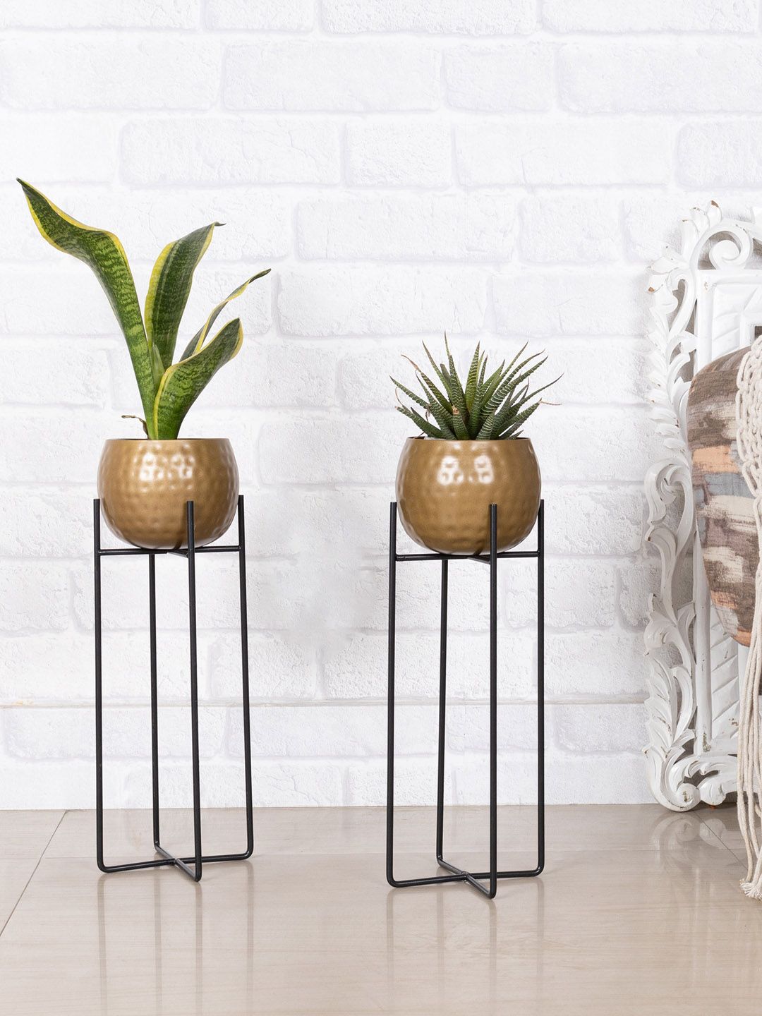 Homesake Set Of 2 Gold-Plated Metal Hammered Plant Pot With Stand Planters Price in India