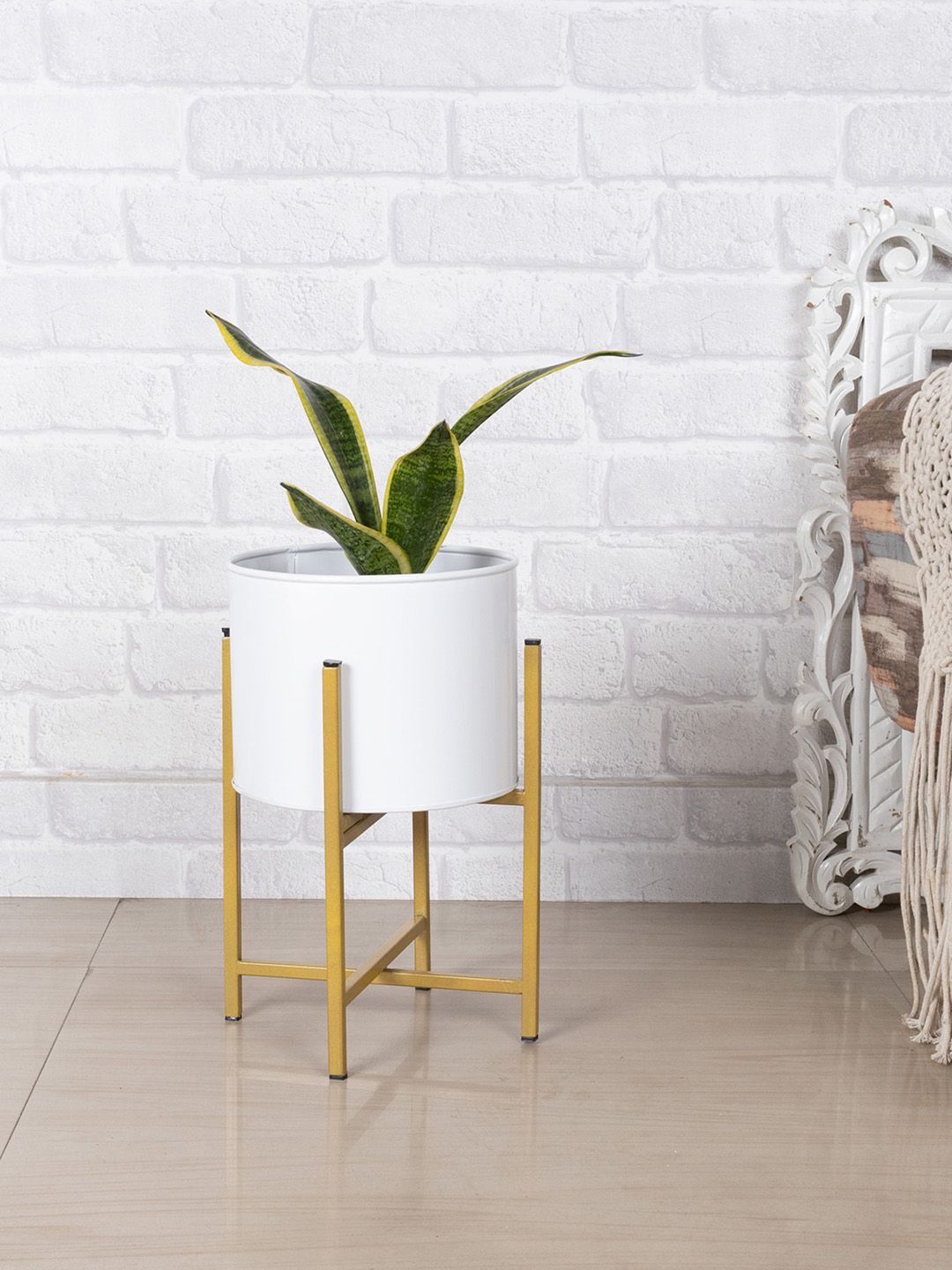 Homesake Gold-Toned & White Modern Small Planter with Stand Price in India