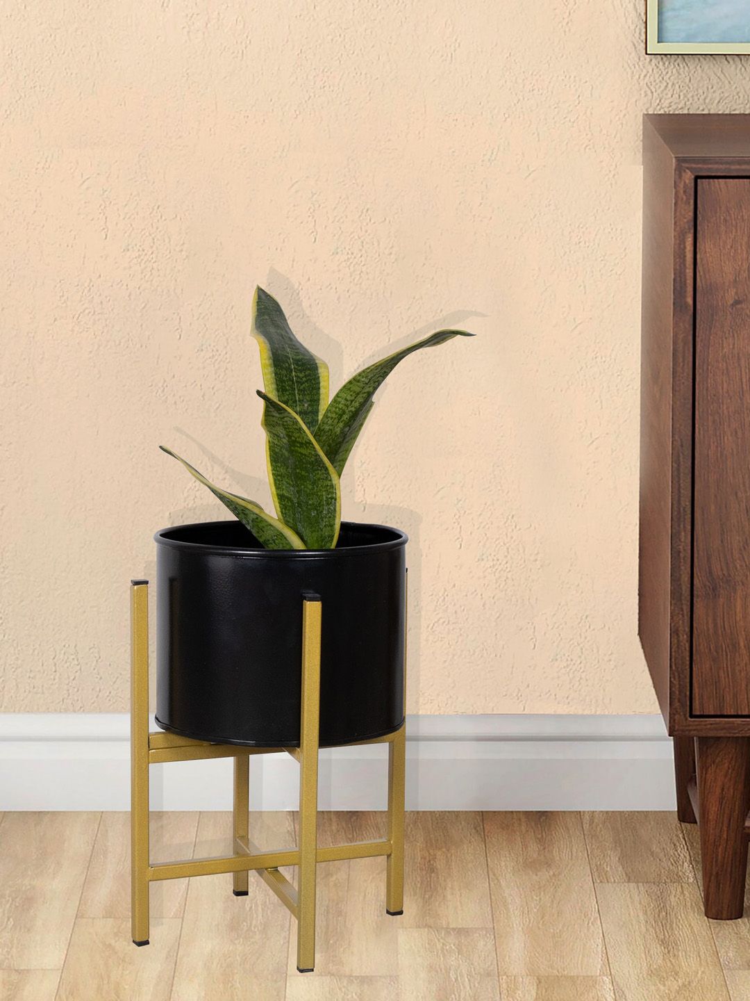 Homesake Black & Gold-Toned Mid Century Modern Small Planter with Stand Price in India