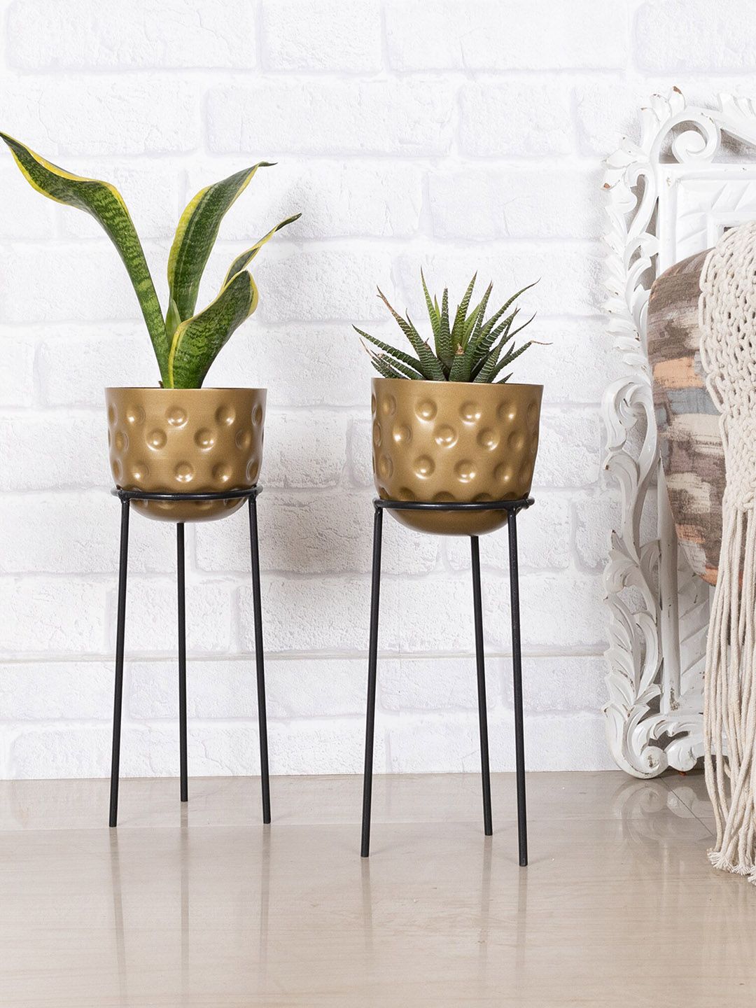 Homesake Set Of 2 Gold-Toned and Black Metal Hammered Plant Pot with Stand Price in India
