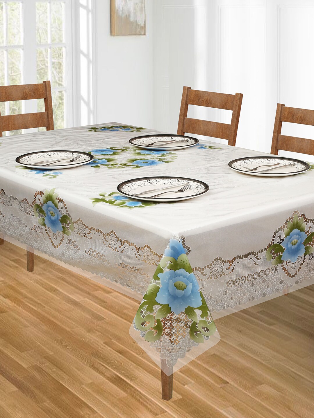 DREAM WEAVERZ Transparent & Blue Printed 6 Seater Table Covers Price in India