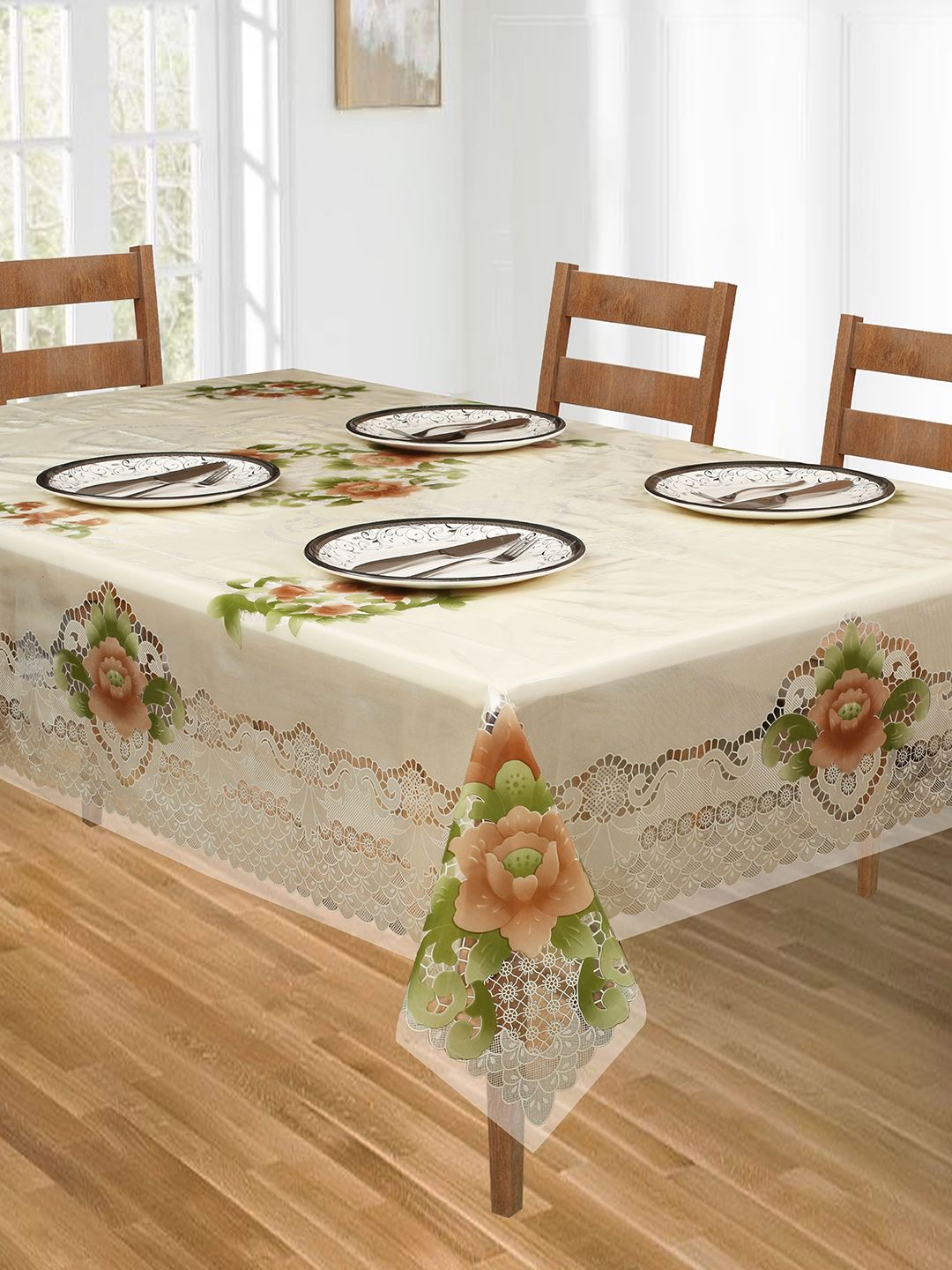 DREAM WEAVERZ Transparent and Cream Floral Printed Table Cover for 6 Seater Price in India