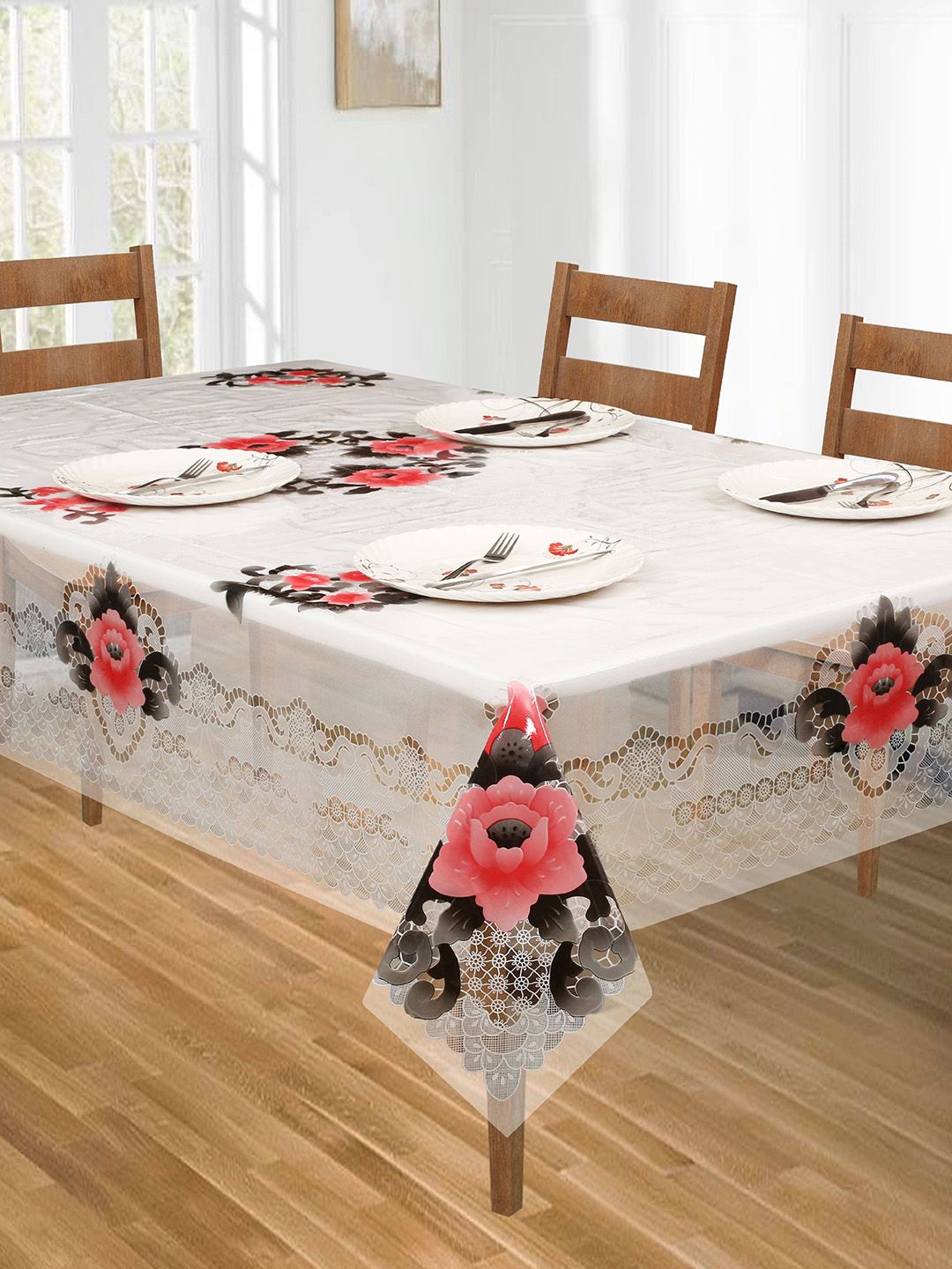 DREAM WEAVERZ 6 Seater Transparent Floral Rectangular Table Cover Price in India