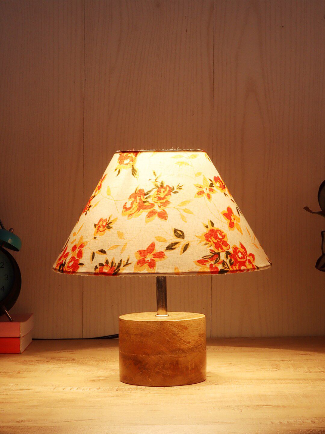 Devansh White & Orange Wooden Table Lamp with Cotton  Shade Price in India