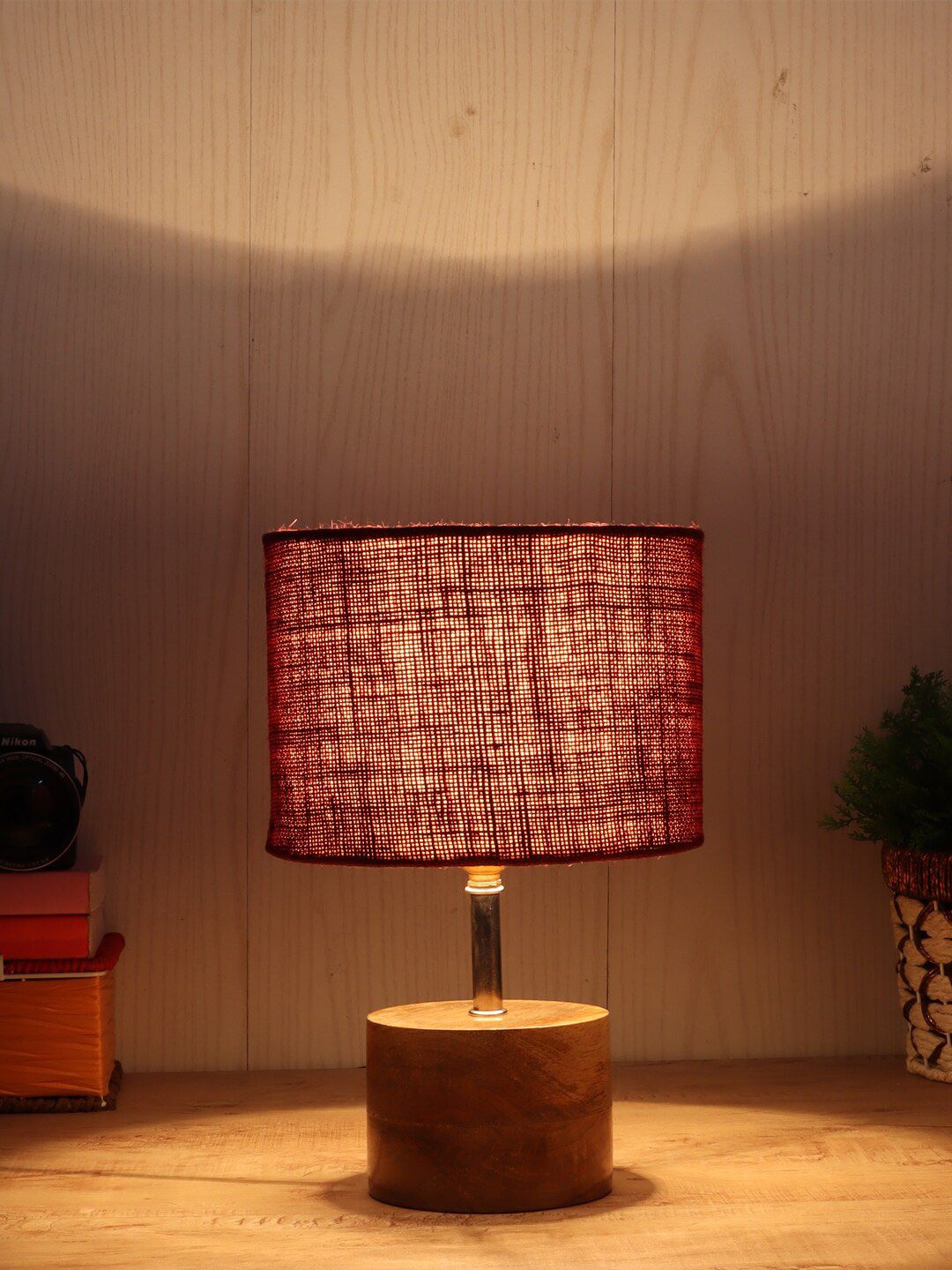 Devansh Maroon & Brown Solid Cylinder Wooden Table Lamp With Jute Shade Price in India