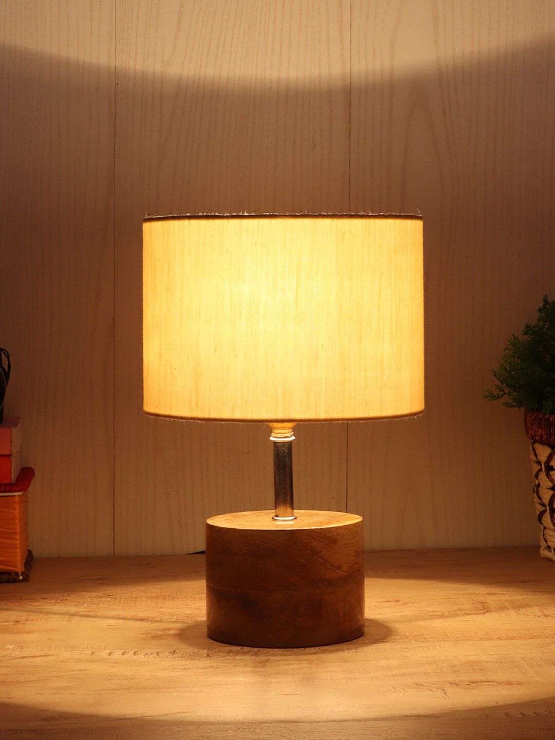 Devansh Off White Solid Cotton Cylindrical Shade Table Lamp & Wooden Base Price in India