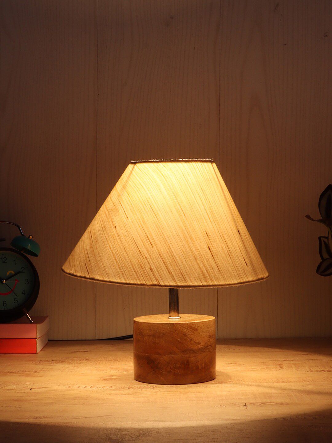 Devansh Off-White Wooden Table Lamp With Cotton Shade Price in India