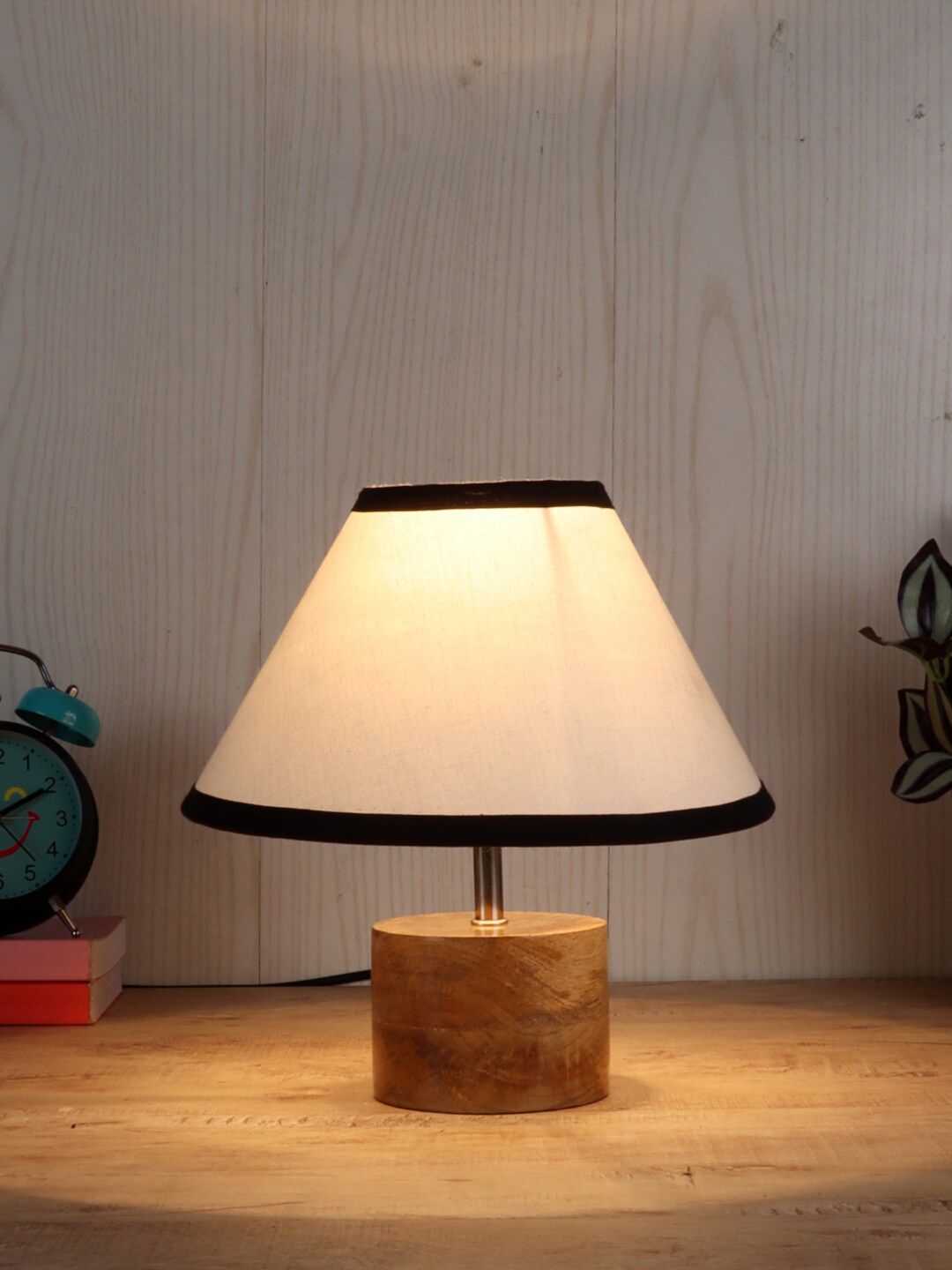 Devansh White & Black Wood Table Lamp with Cotton Shade Price in India