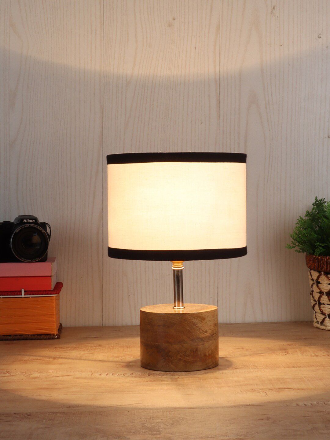 Devansh White & Black Wood Table Lamp with Cotton Shade Price in India