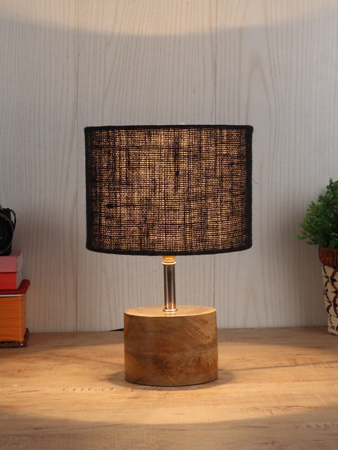 Devansh Black Wooden Table Lamp With Jute Shade Price in India