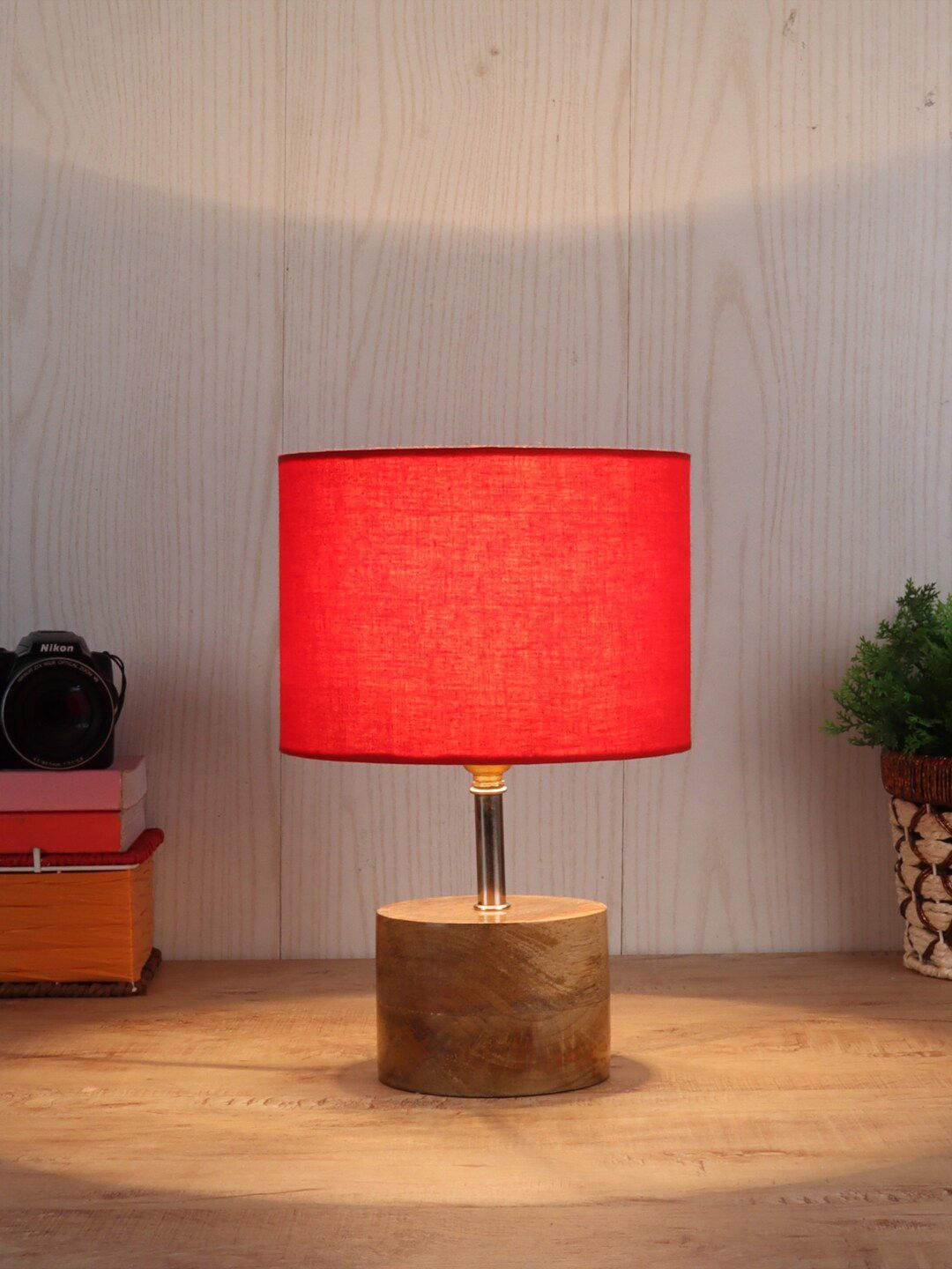 Devansh Red & Beige Table Lamp with Cotton  Shade Price in India