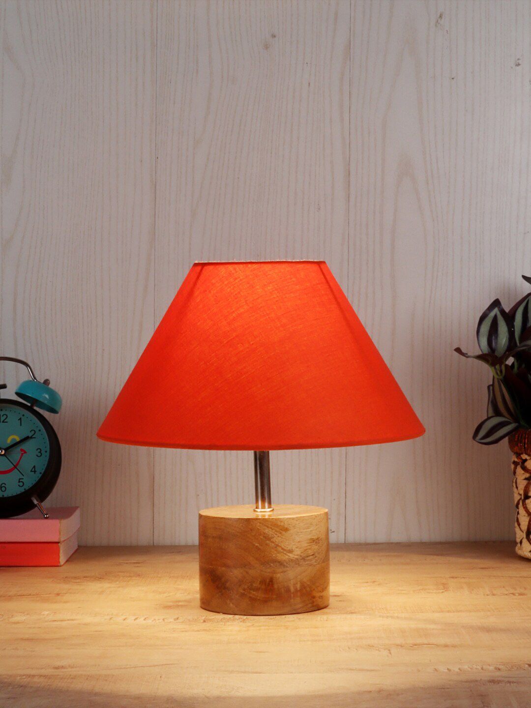 Devansh Orange Solid Cotton Frustum Shade Table Lamp & Wooden Base Price in India