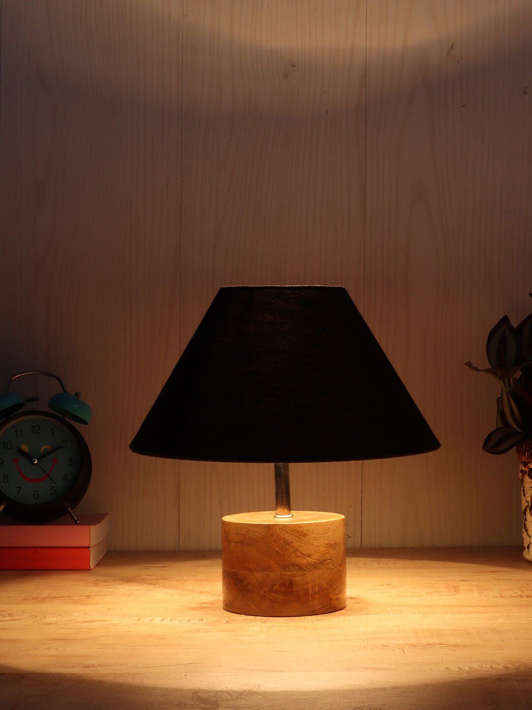 Devansh Black & Brown Solid Frustrum Wooden Table Lamp With Cotton Shade Price in India