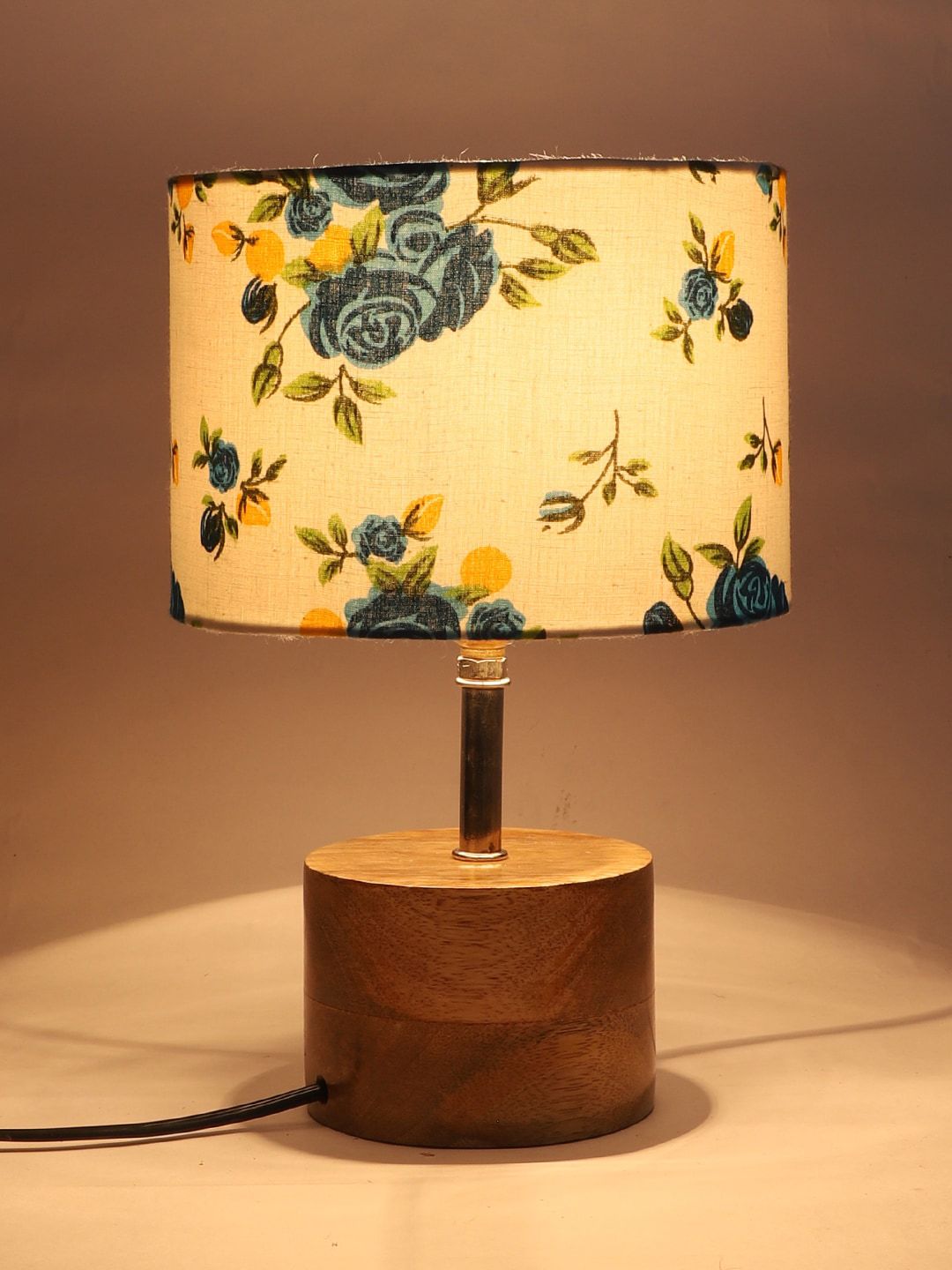 Devansh Blue & Beige Floral Printed Table Lamp with Cotton  Shade Price in India