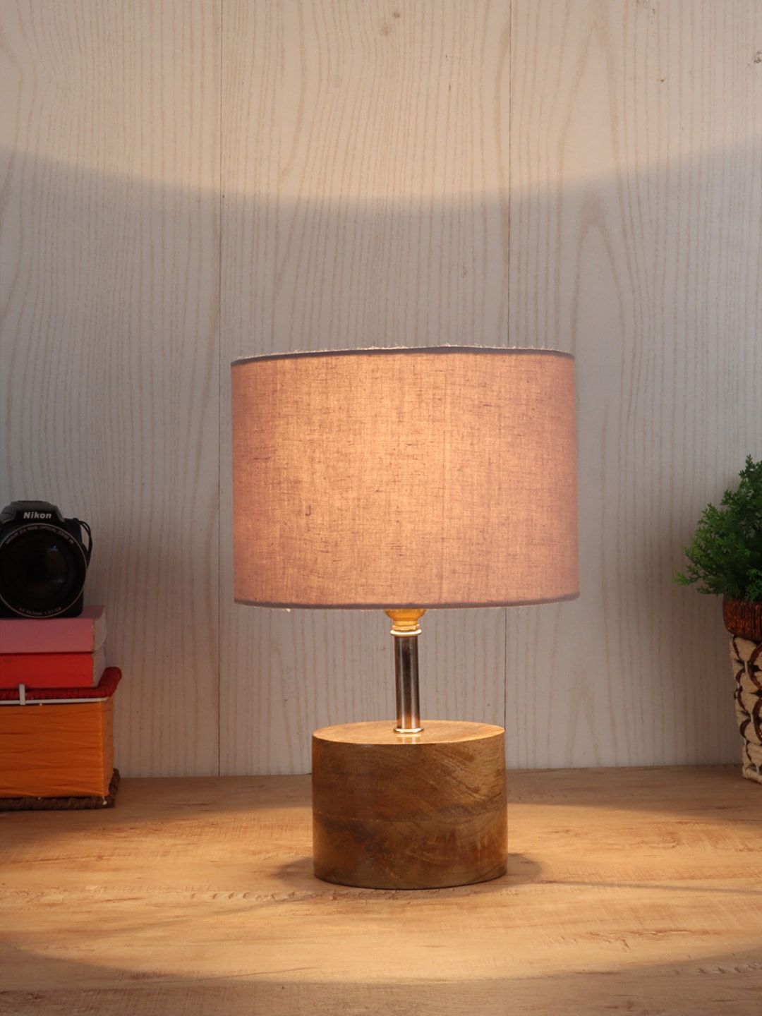 Devansh Beige & Grey Solid Cylinder Wooden Table Lamp With Cotton Shade Price in India