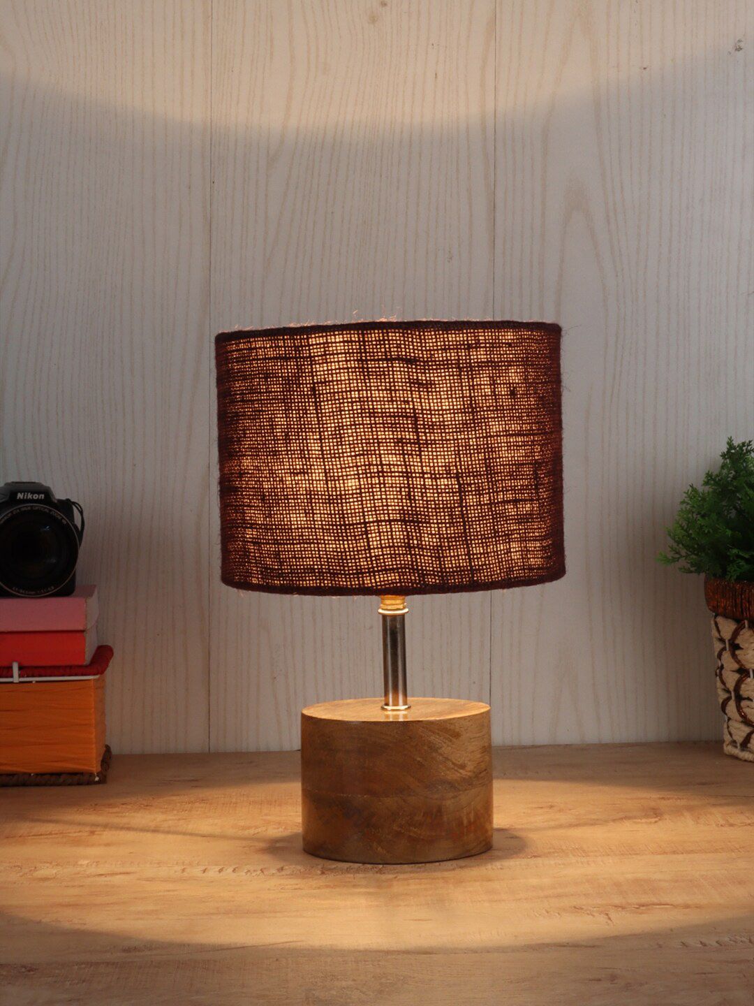 Devansh Brown Solid Cotton Cylindrical Shade Table Lamp & Wooden Base Price in India