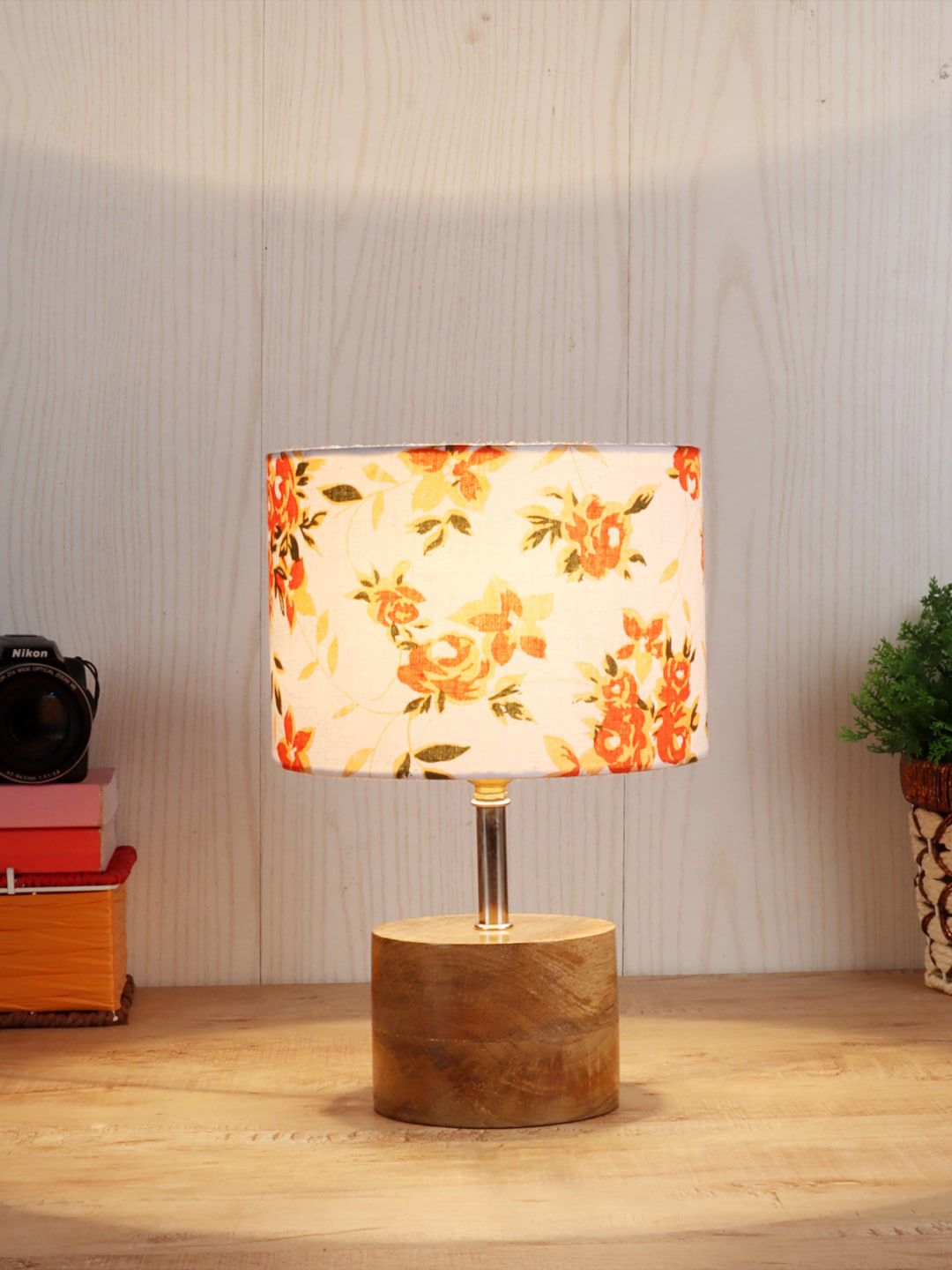 Devansh White & Orange Printed Cylinder Wooden Table Lamp With Cotton Shade Price in India