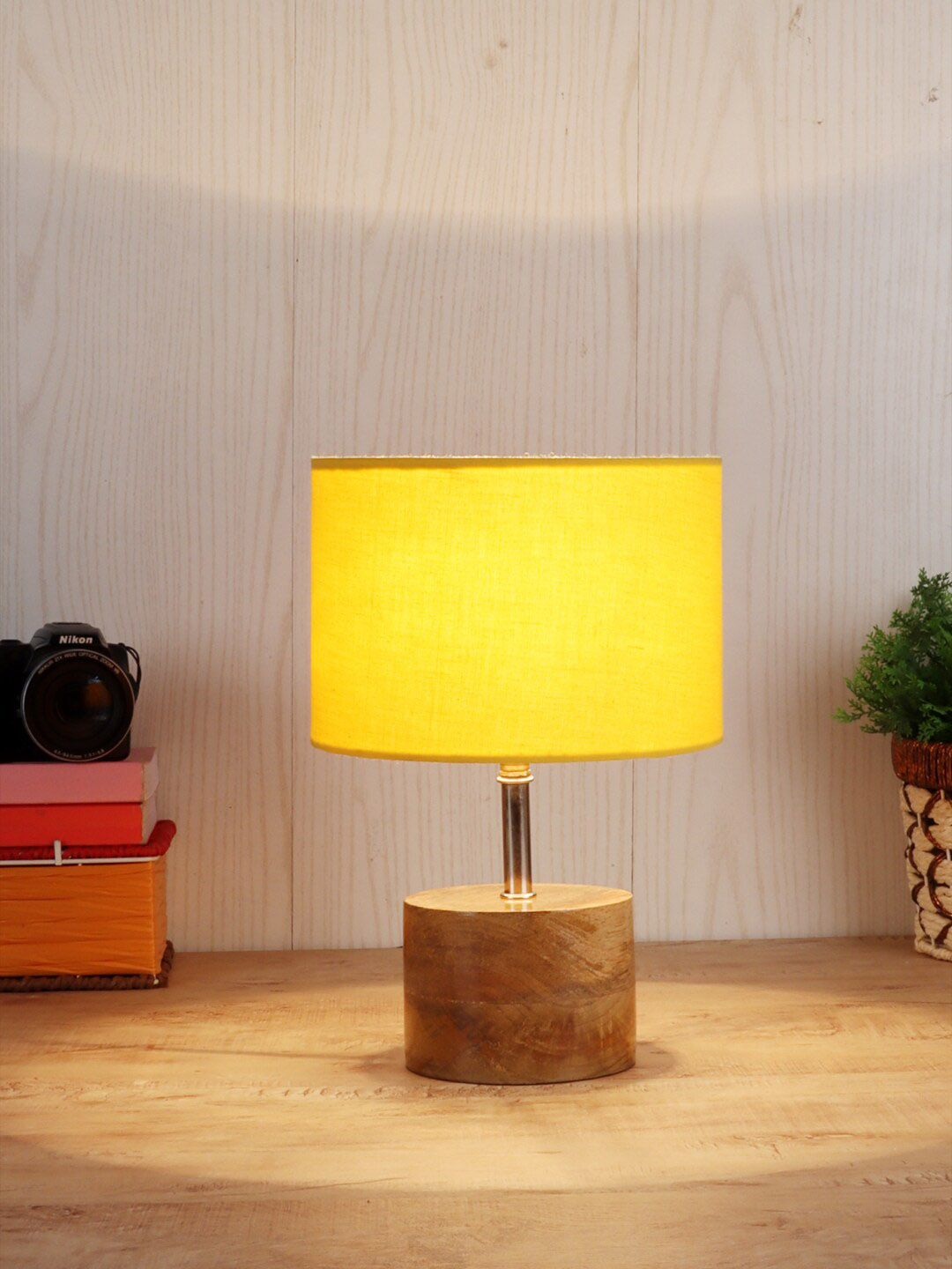 Devansh Yellow Wooden Table Lamp With Cotton Shade Price in India