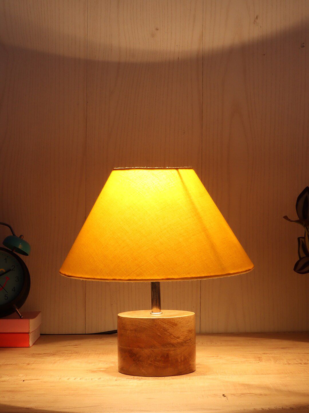 Devansh Yellow & Brown Wood Table Lamp with Shade Price in India