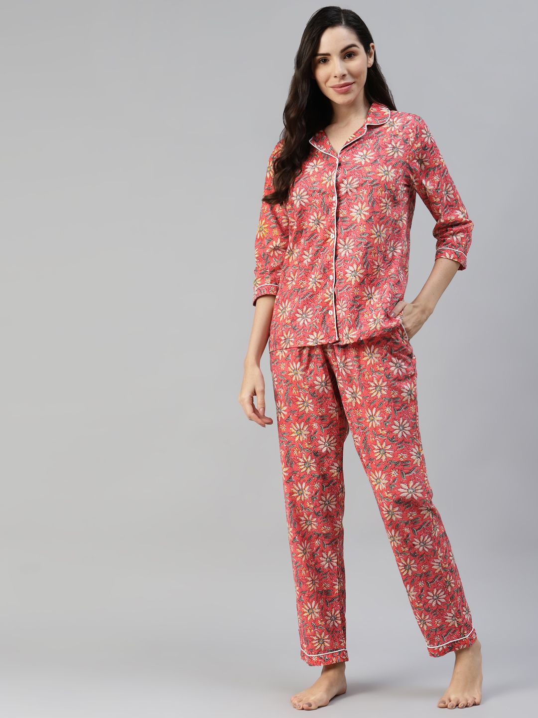 Fusion Threads Women Red & Green Pure Cotton Printed Night suit Price in India