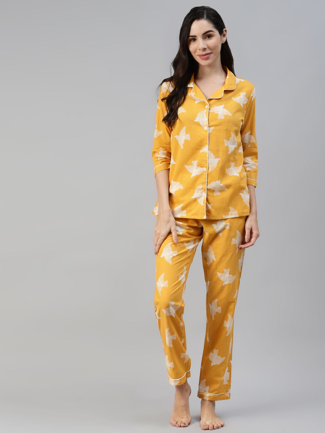 Fusion Threads Women Mustard Yellow & White Pure Cotton Printed Night suit Price in India