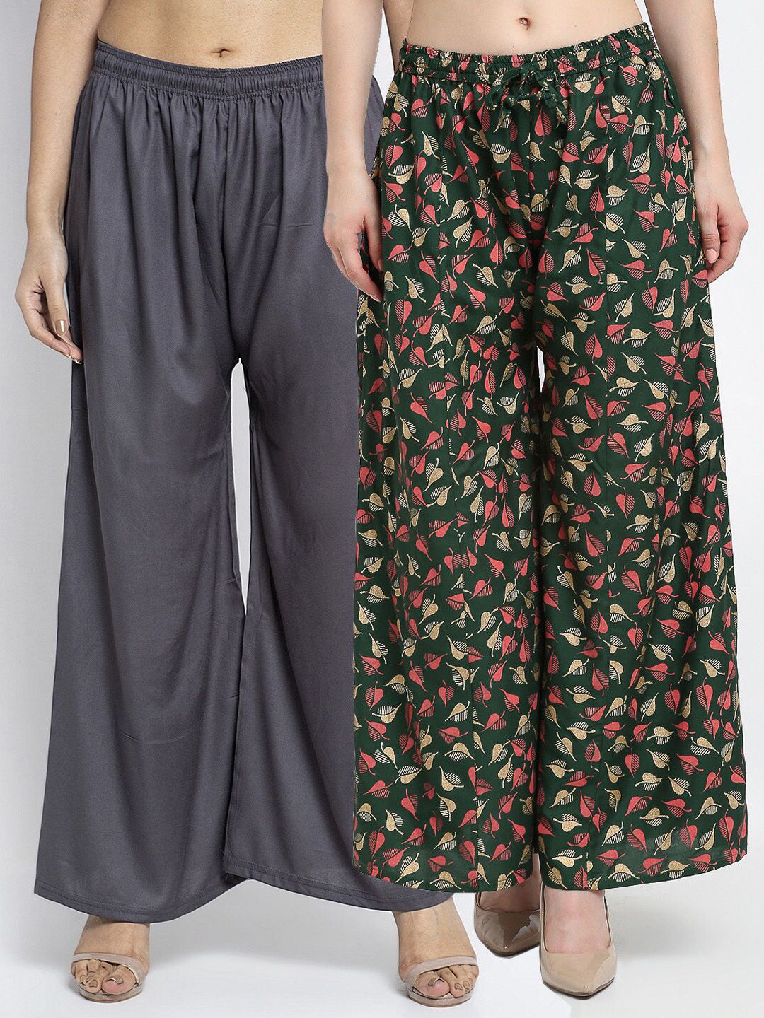 Jinfo Women Grey & Green Printed Flared Knitted Ethnic Palazzos Pack Of 2 Price in India