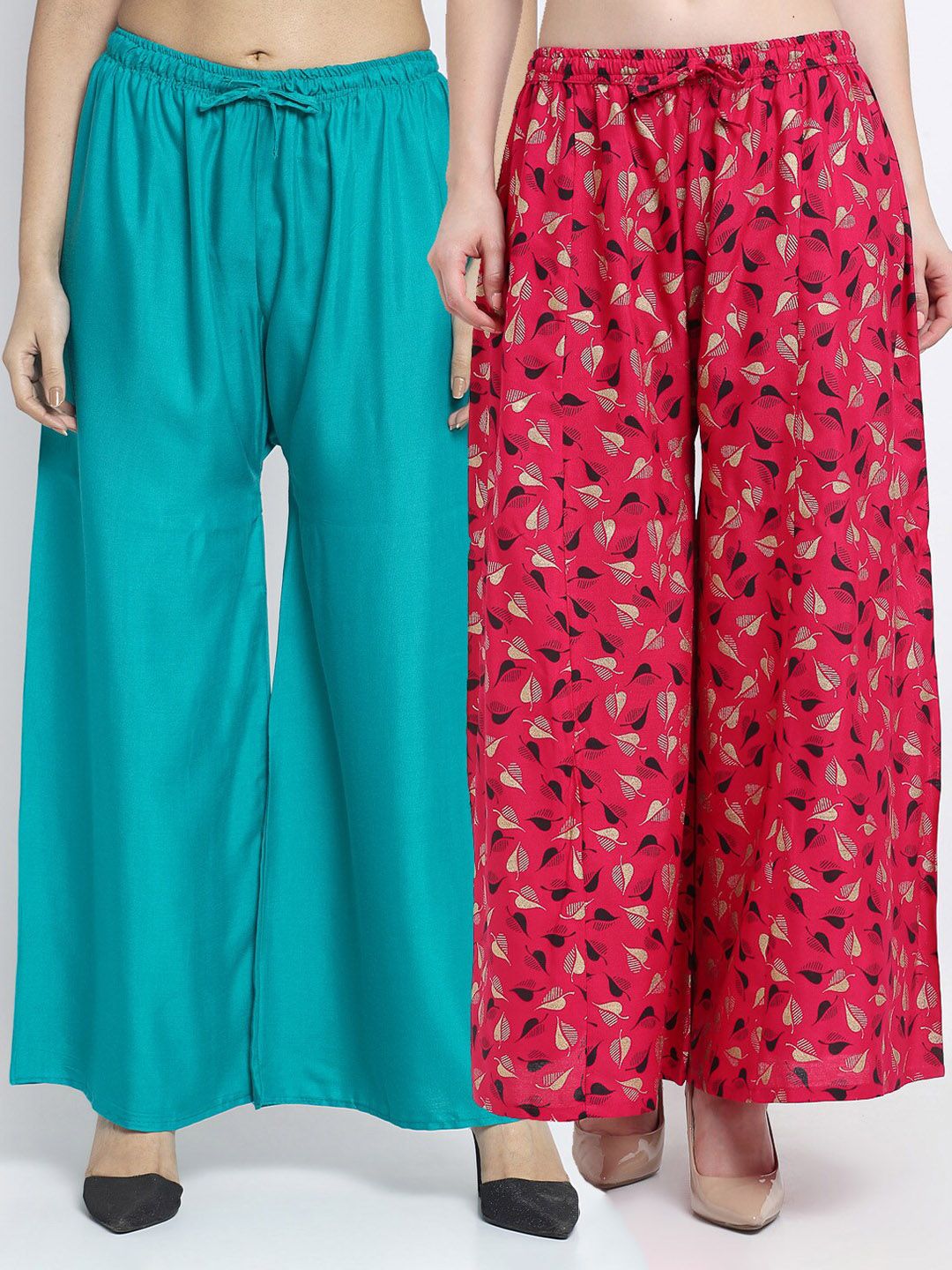 Jinfo Women Sea Green & Pink Printed Flared Knitted Ethnic Palazzos Pack Of 2 Price in India