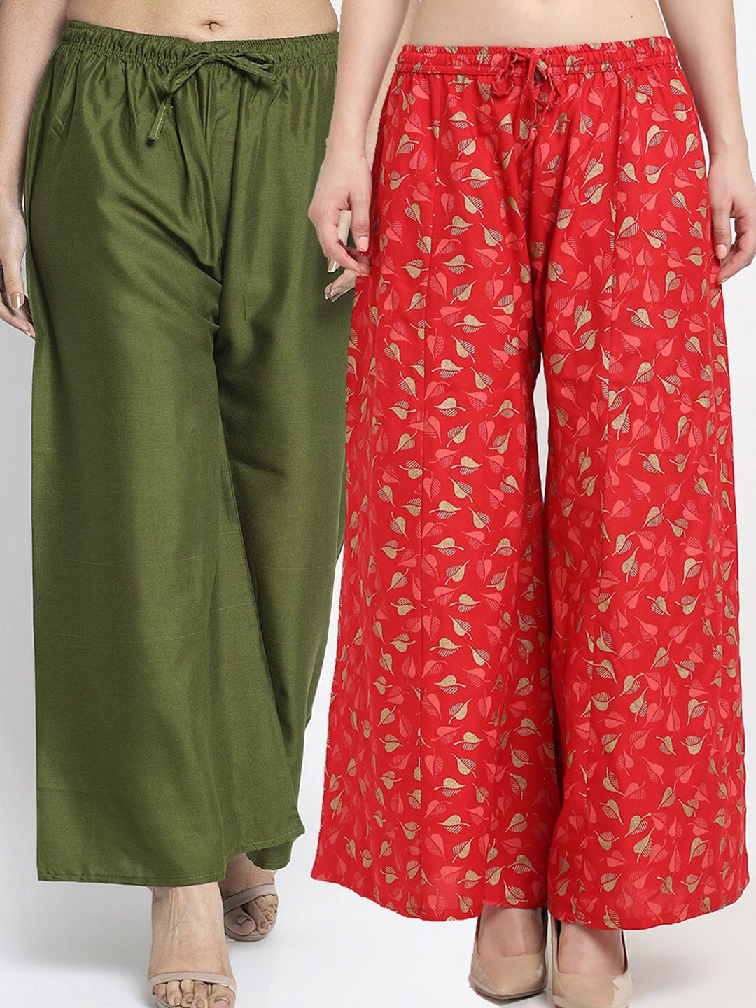 Jinfo Women Green & Red Printed Flared Knitted Ethnic Palazzos Pack Of 2 Price in India