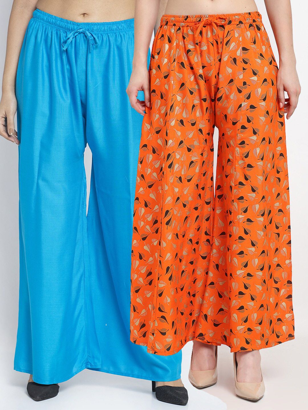 Jinfo Women Blue & Orange 2 Printed Flared Knitted Ethnic Palazzos Price in India