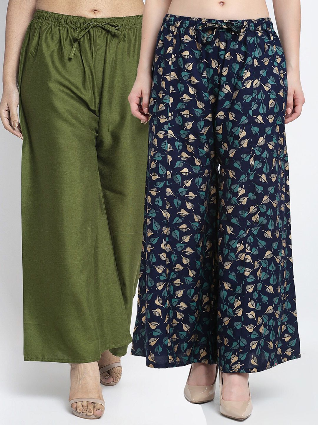 Jinfo Women Olive Green & Navy Blue Printed Flared Knitted Ethnic Palazzos Pack Of 2 Price in India