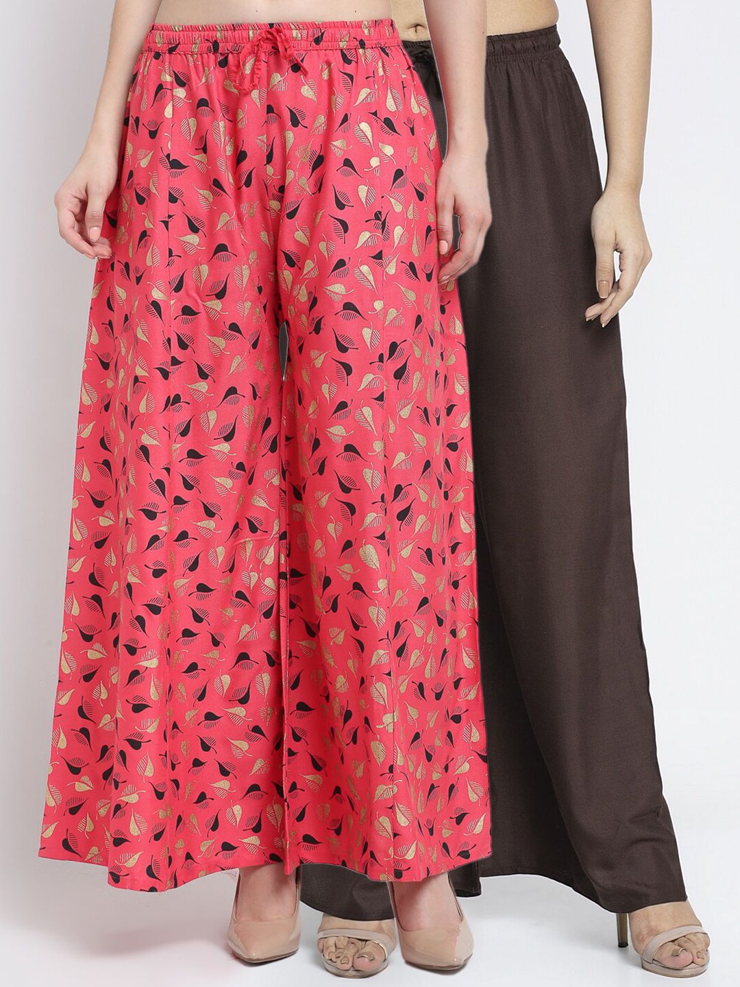 Jinfo Women Coffee Brown & Peach-Coloured 2 Floral Printed Flared Ethnic Palazzos Price in India