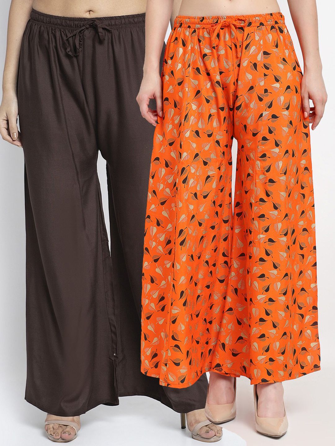 Jinfo Women Brown & Orange Printed Flared Knitted Ethnic Palazzos Pack Of 2 Price in India