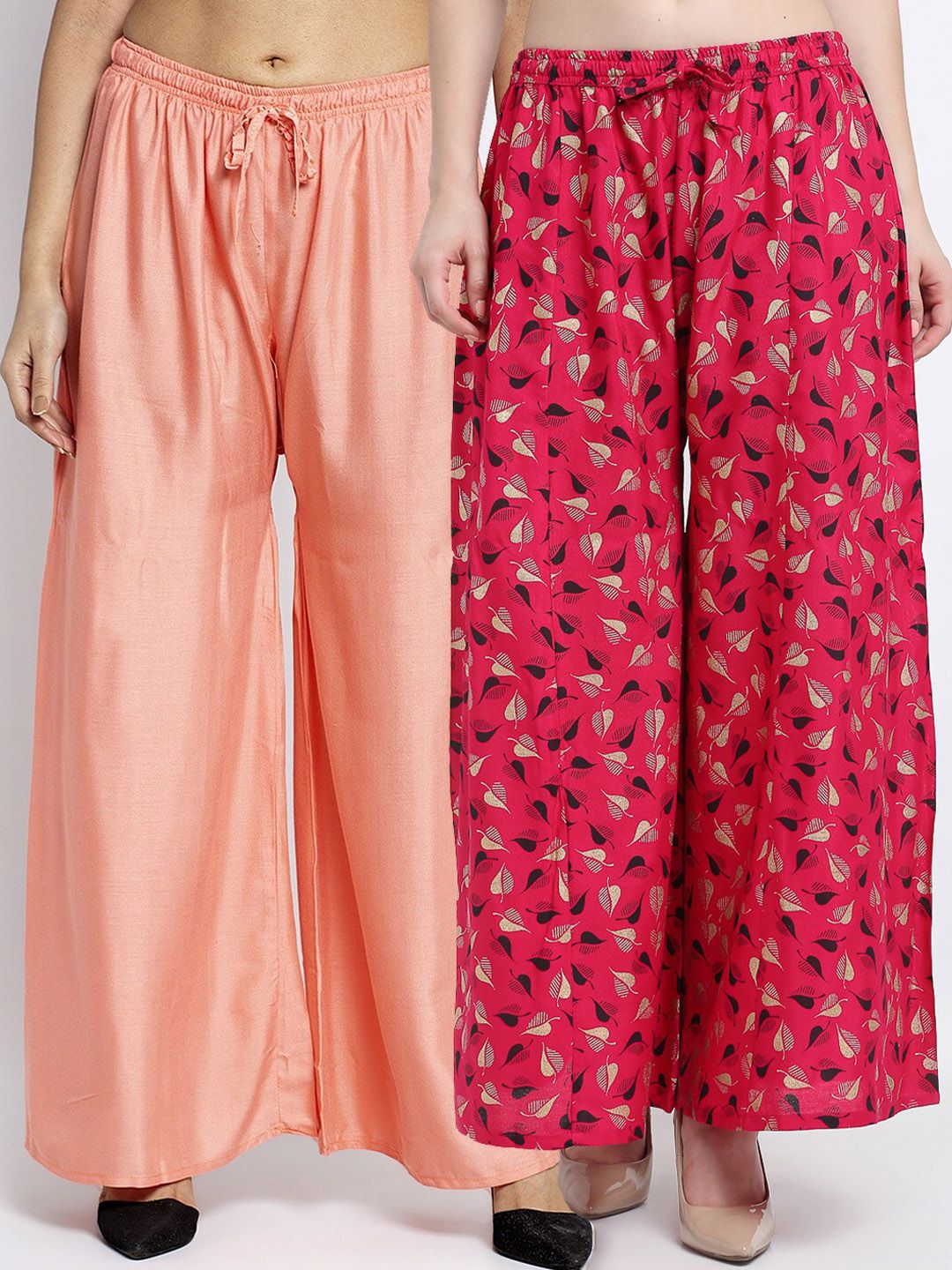 Jinfo Women Peach-Coloured & Pink Printed Flared Knitted Ethnic Palazzos Pack Of 2 Price in India