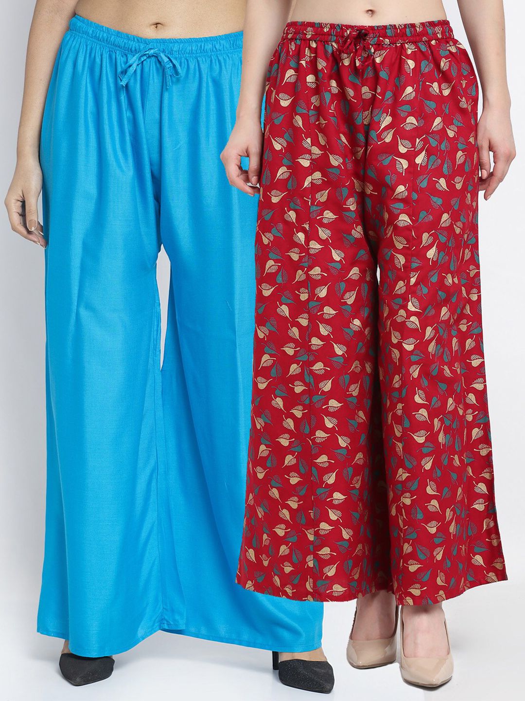 Jinfo Women Blue & Maroon Printed Flared Knitted Ethnic Palazzos Pack Of 2 Price in India