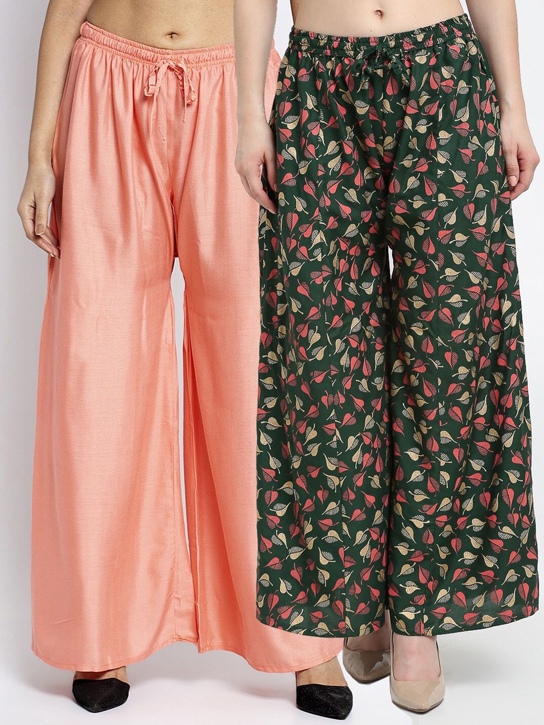 Jinfo Women Peach-Coloured & Green Printed Flared Knitted Ethnic Palazzos Pack Of 2 Price in India