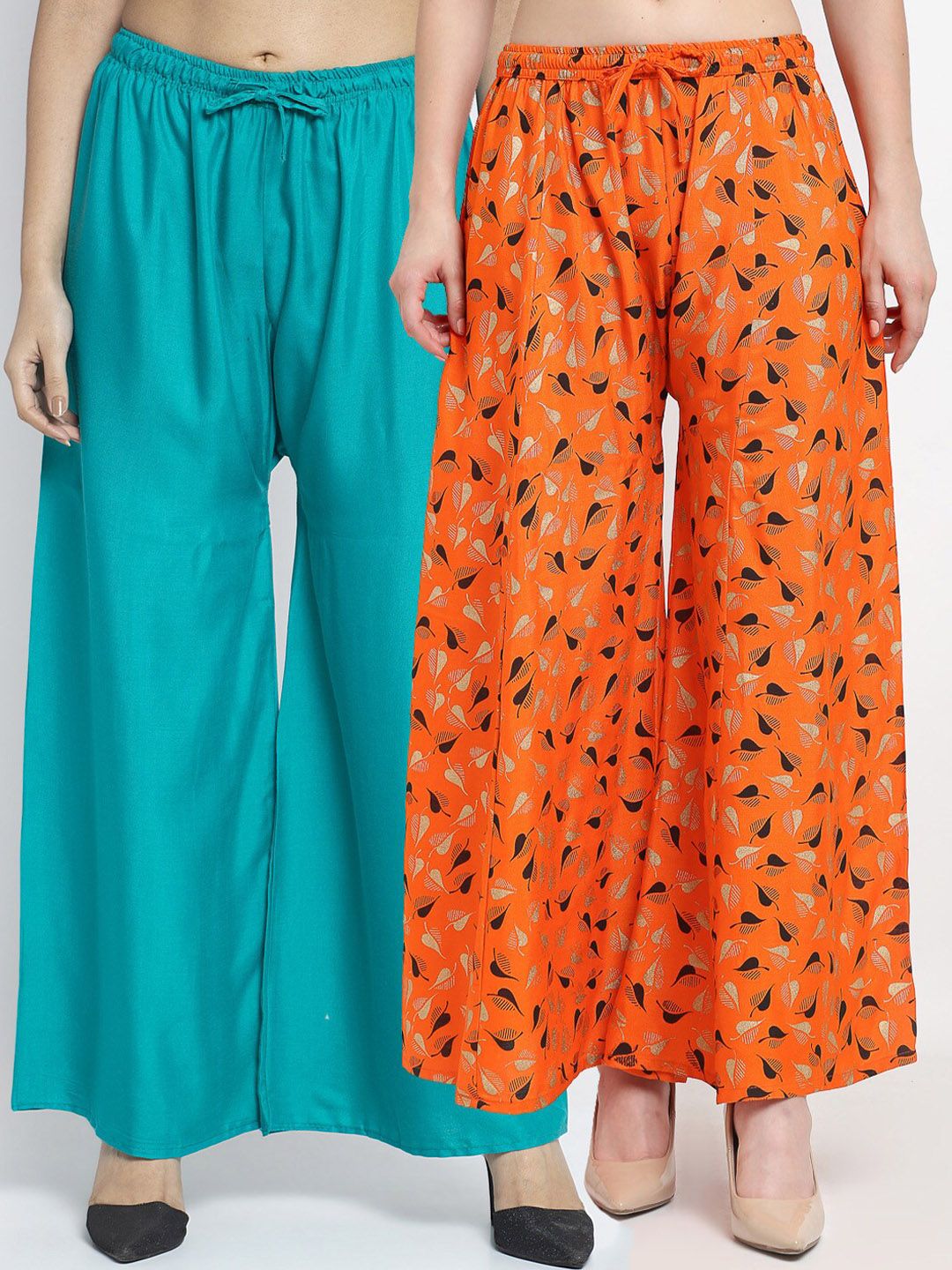 Jinfo Women Green & Orange Printed Flared Knitted Ethnic Palazzos Pack Of 2 Price in India