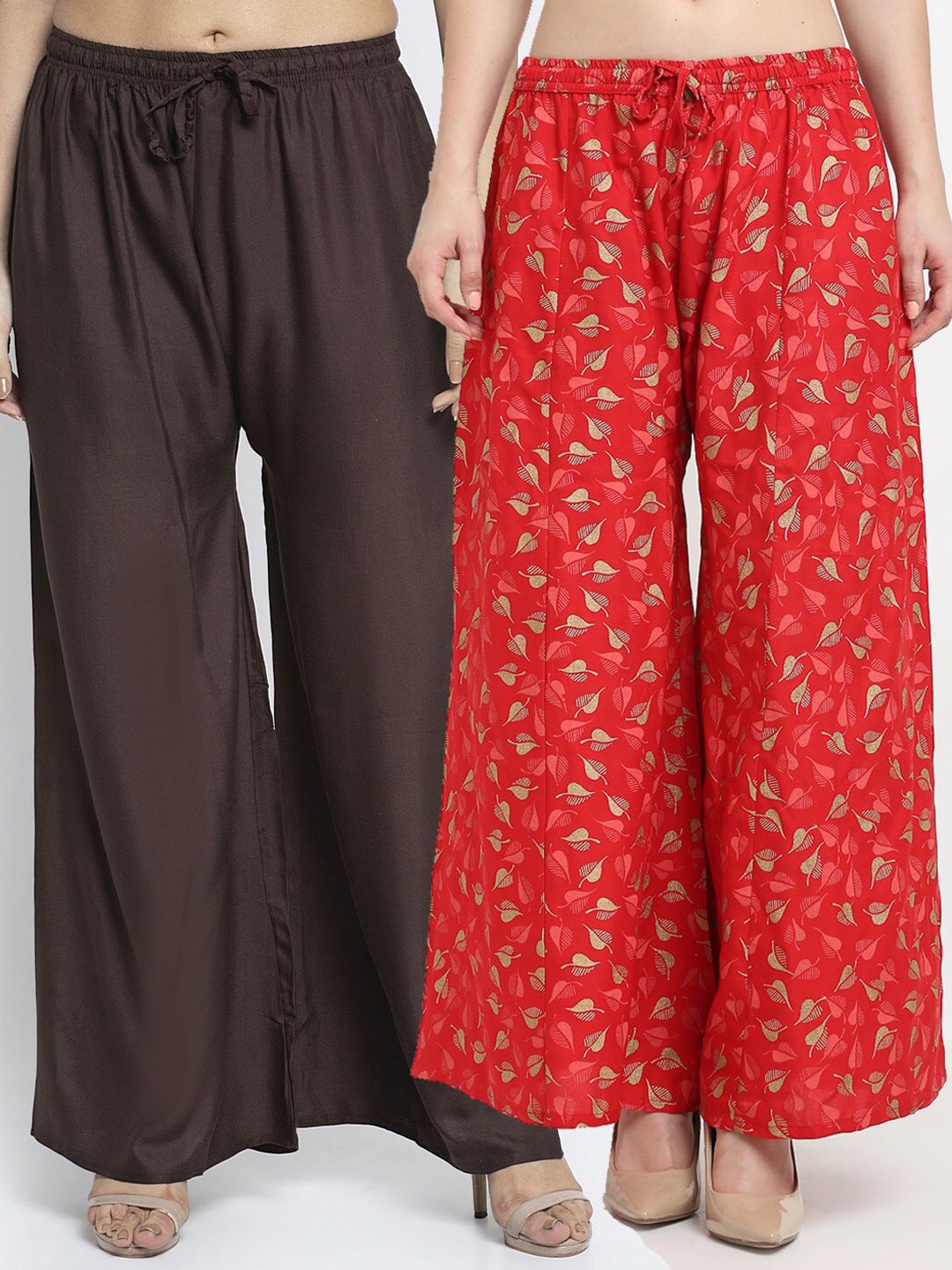 Jinfo Women Brown & Red Printed Flared Knitted Ethnic Palazzos Pack Of 2 Price in India