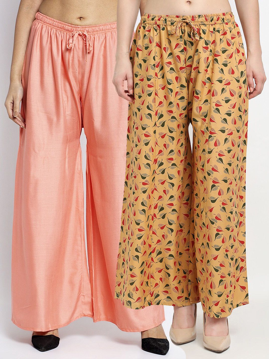 Jinfo Women Peach-Coloured & Peach-Coloured Printed Flared Knitted Ethnic Palazzos Set of2 Price in India