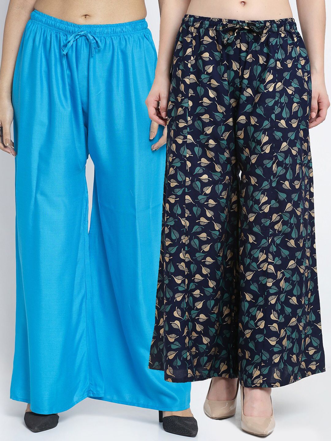 Jinfo Women Blue & Navy Blue Printed Flared Ethnic Palazzos Set Of 2 Price in India