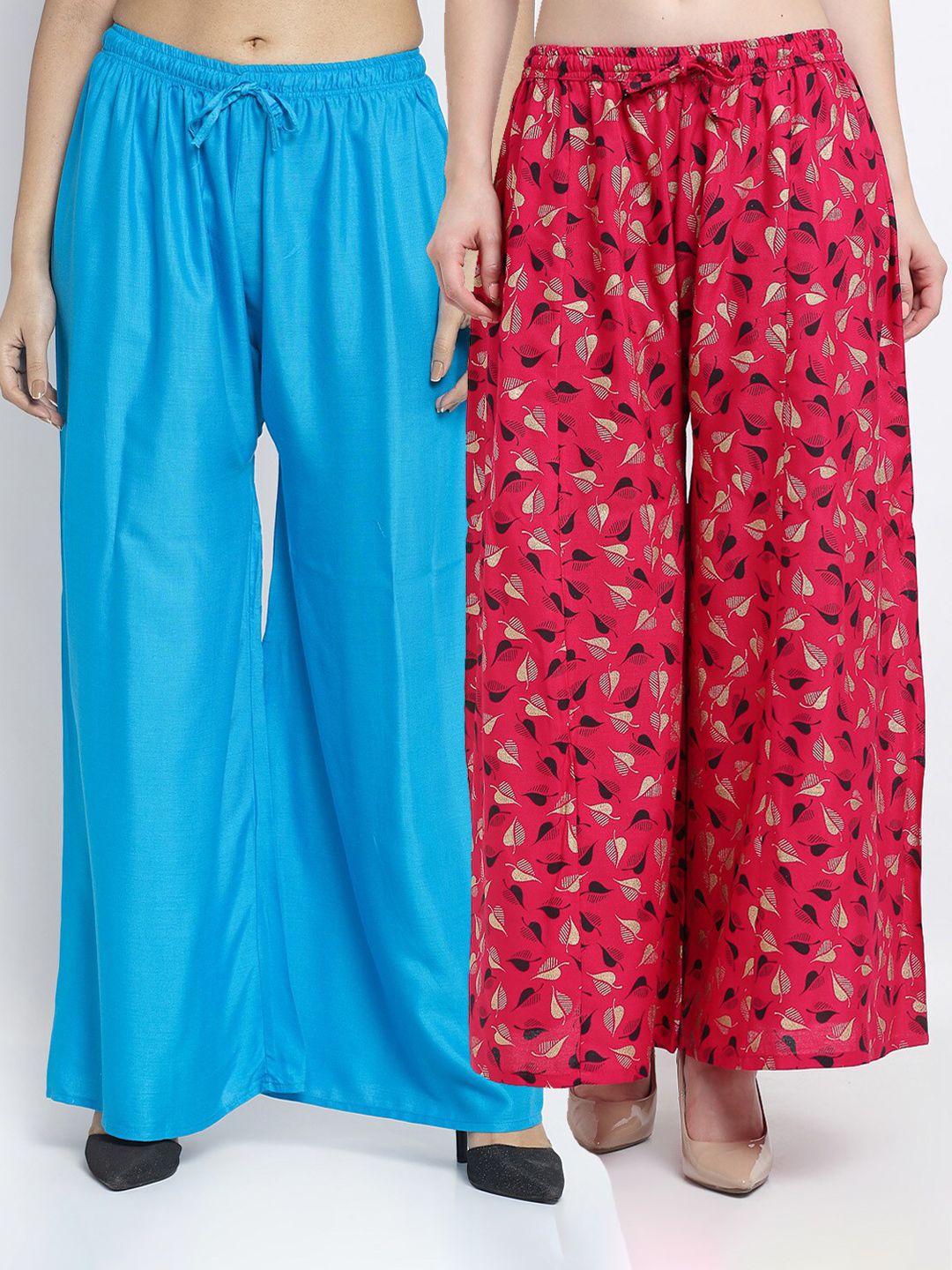 Jinfo Women Blue & Pink Printed Flared Knitted Ethnic Palazzos Set Of 2 Price in India