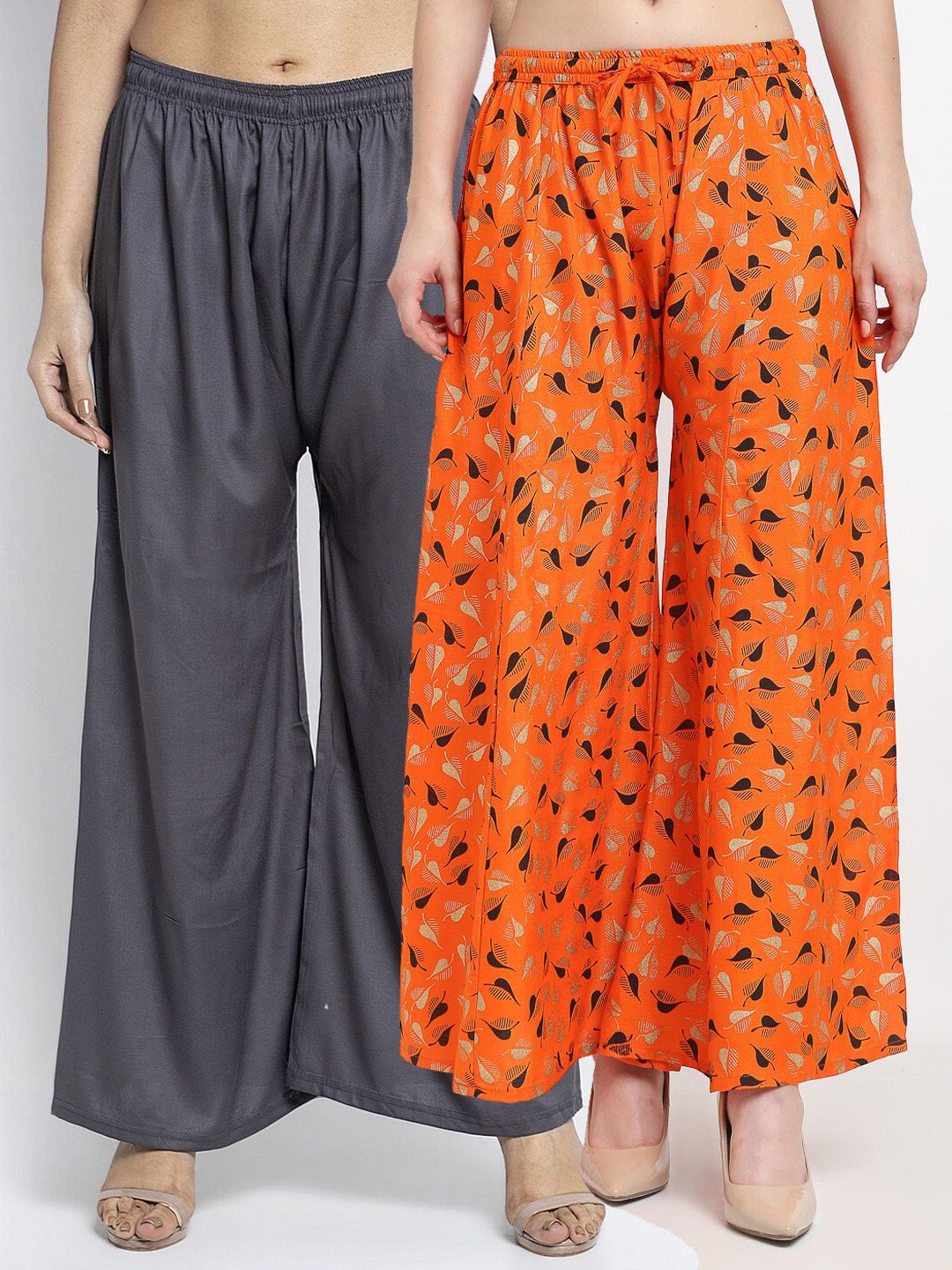 Jinfo Women Grey & Orange Printed Flared Knitted Ethnic Palazzos Set Of 2 Price in India